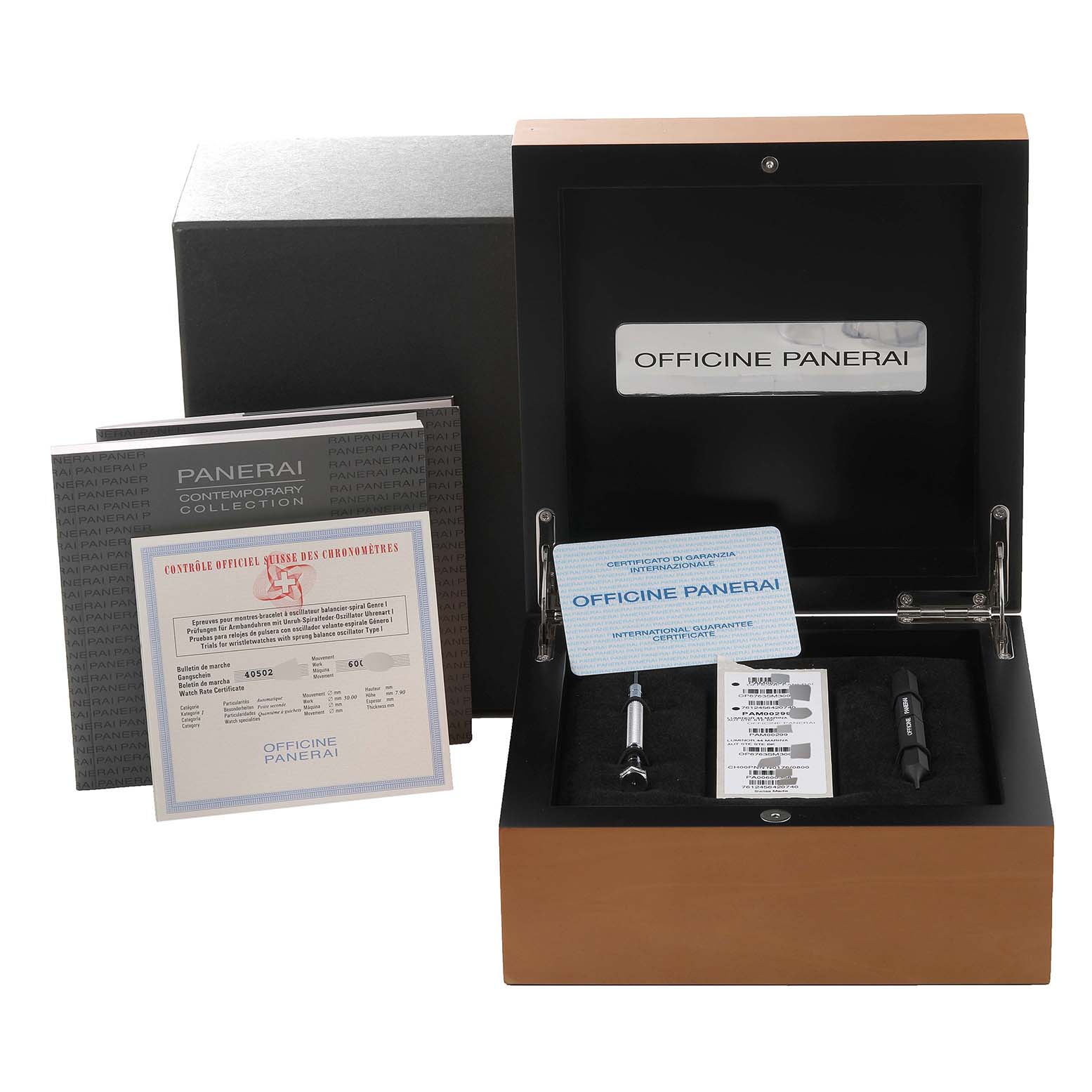 The image shows a Panerai Luminor PAM00299 Men
s Stainless Steel Black Dial PAM00299 Men
s Stainless Steel Black Dial watch box with accessories, warranty cards, and documentation at a straight-on angle.