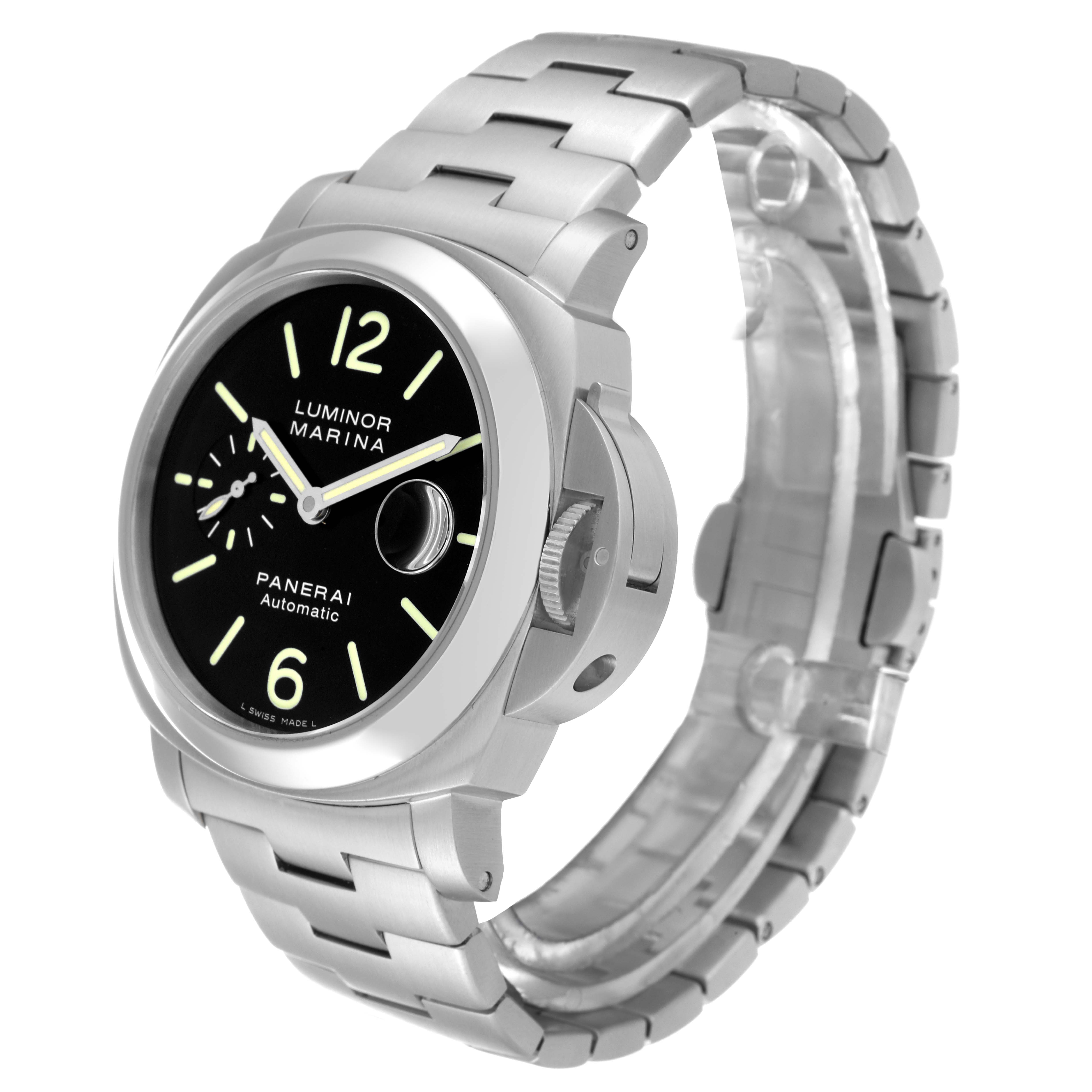The Luminor model by Panerai is shown at a three-quarter angle, highlighting the black dial, bezel, crown guard, and metal bracelet.