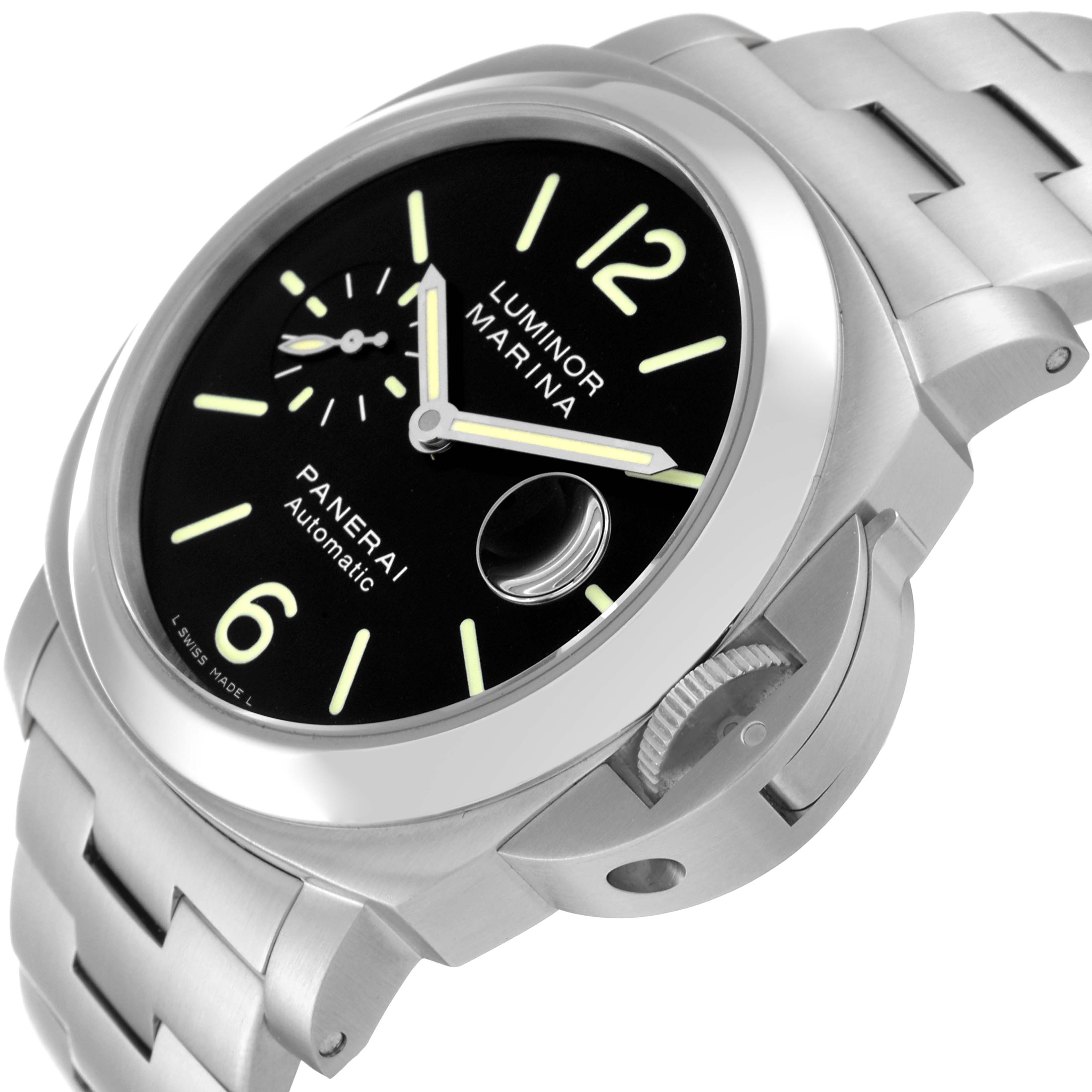 The image shows a Panerai Luminor PAM00299 Men
s Stainless Steel Black Dial PAM00299 Men
s Stainless Steel Black Dial Marina watch at an angle highlighting the dial, crown, and stainless steel bracelet.