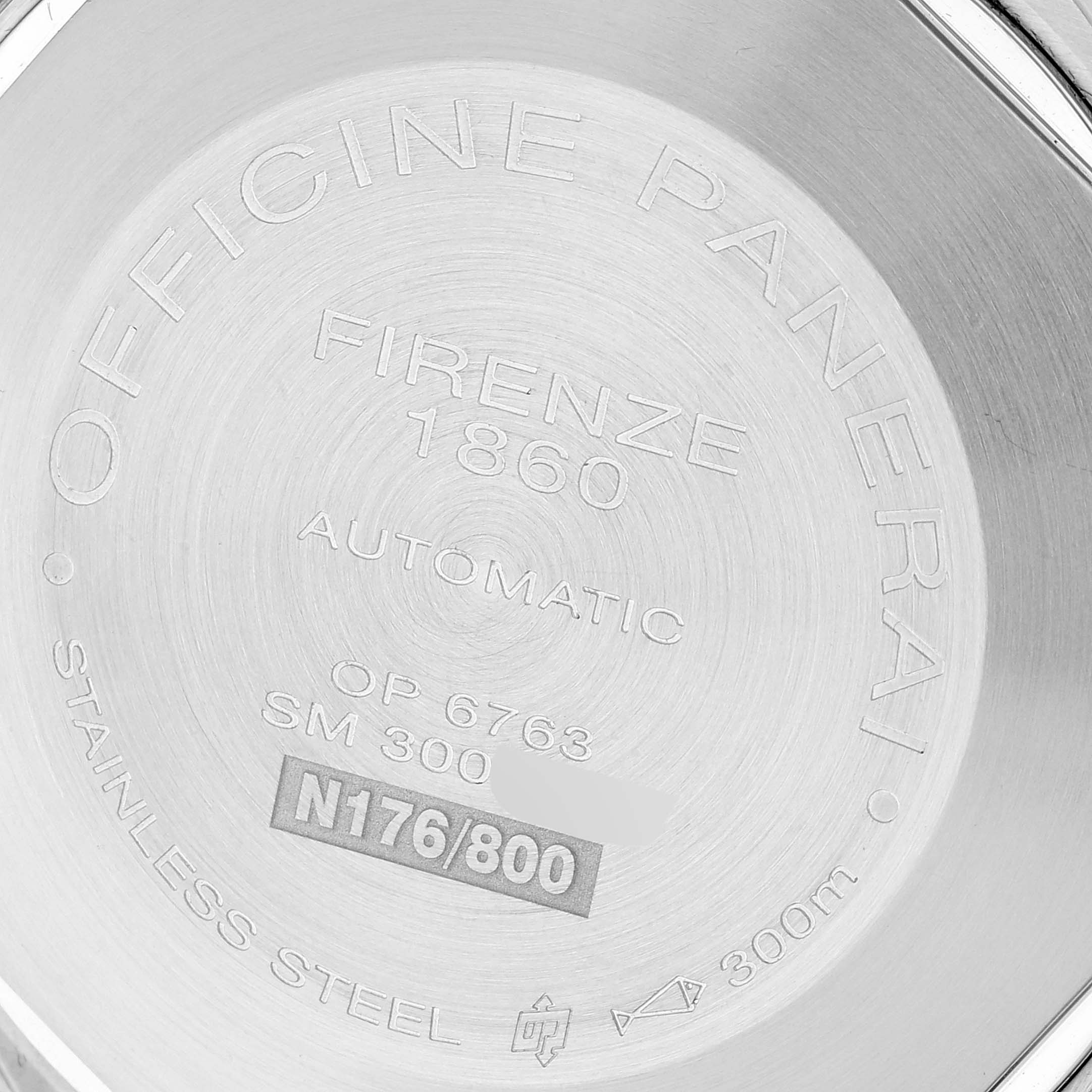 The image shows the back casing of a Panerai Luminor PAM00299 Men
s Stainless Steel Black Dial PAM00299 Men
s Stainless Steel Black Dial watch, detailing model information and specifications.