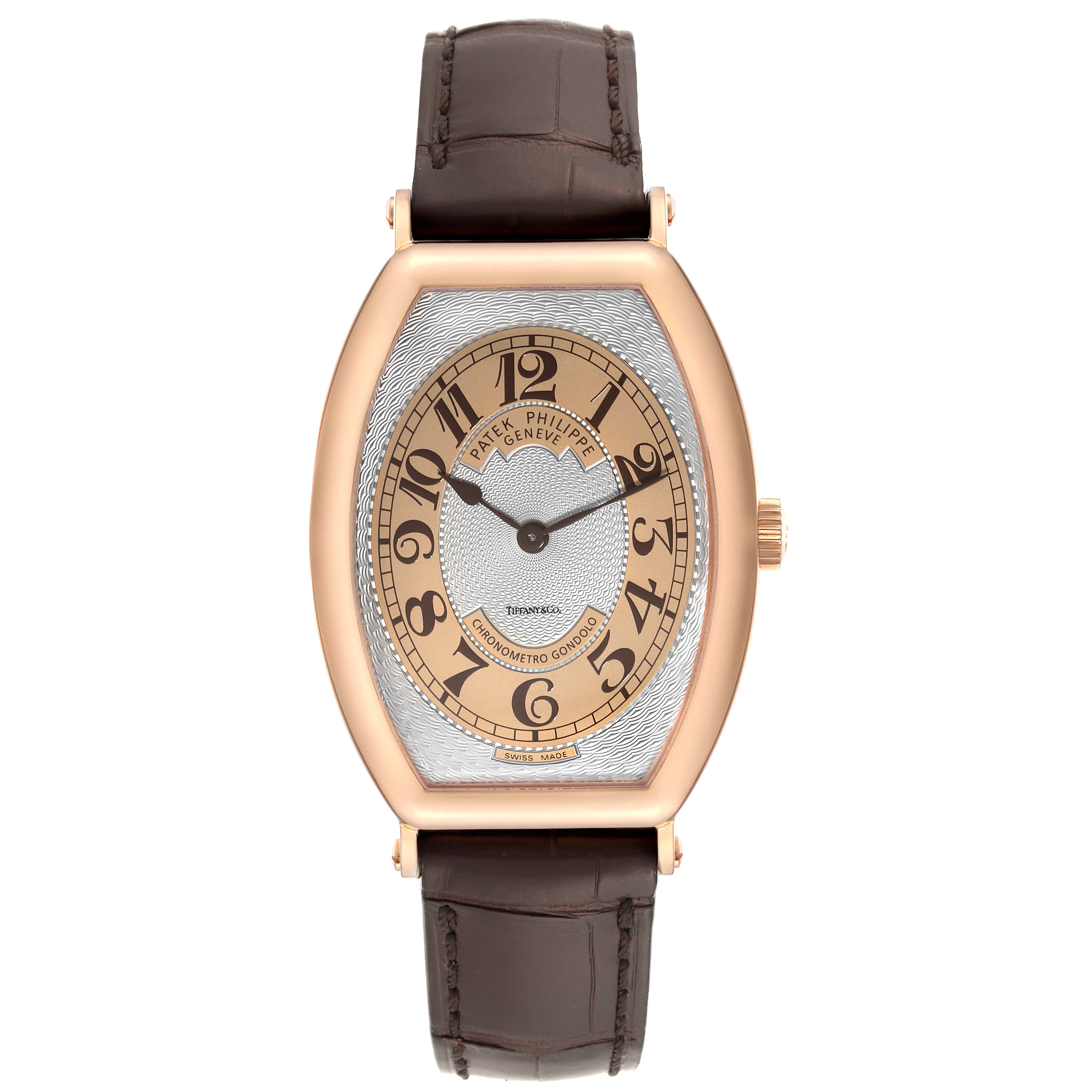 The image shows a front view of the Patek Philippe Gondolo 5098R-001 Men's Rose Gold Silver Dial 5098R-001 Men's Rose Gold Silver Dial watch, displaying its dial, case, and strap.