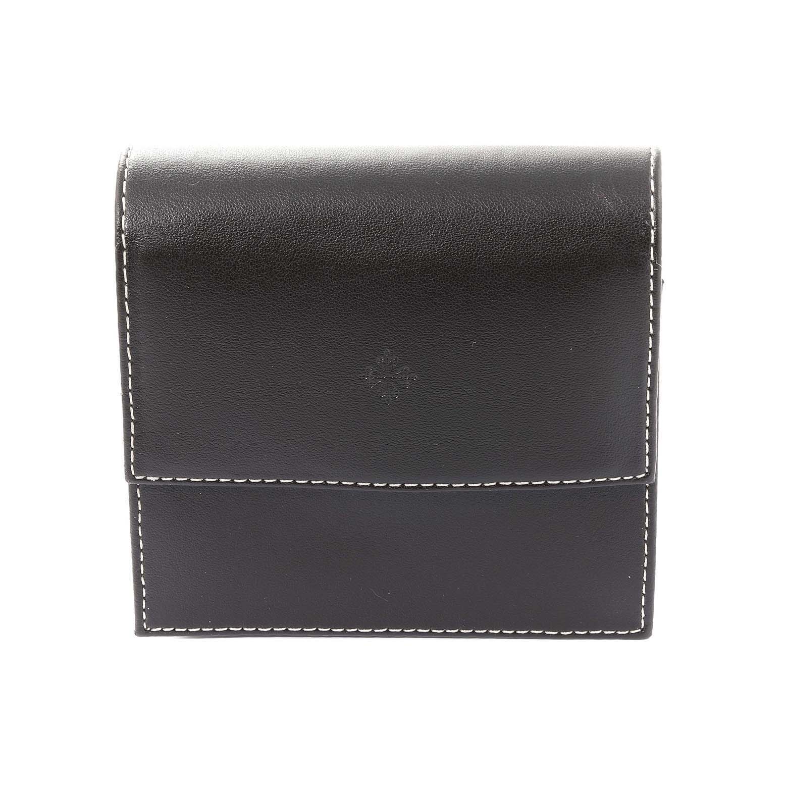 The image shows a black leather carrying case for the Patek Philippe Gondolo 5098R-001 Men's Rose Gold Silver Dial 5098R-001 Men's Rose Gold Silver Dial watch, viewed from the front.