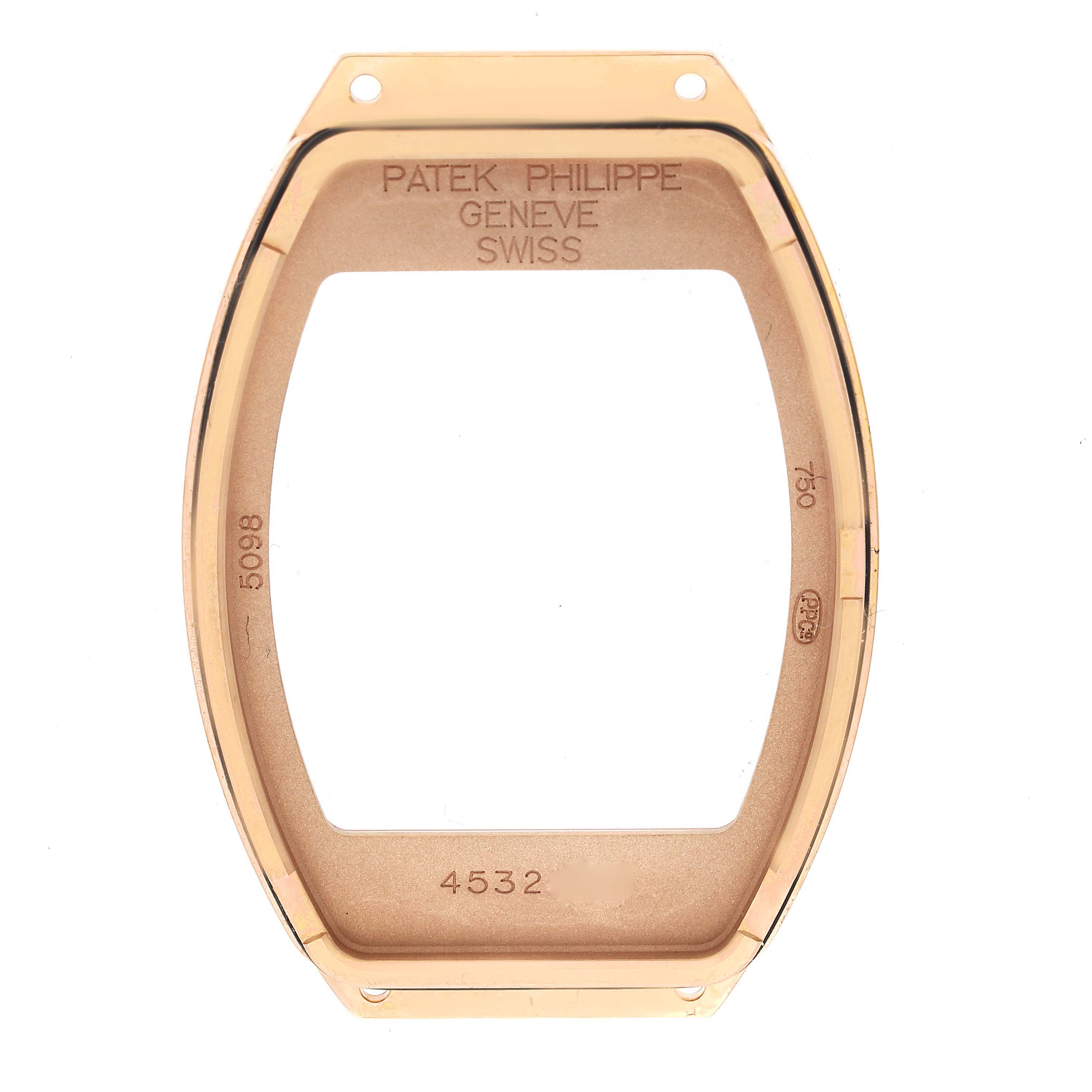 This image shows the front view of the rose gold watch case for the Patek Philippe Gondolo 5098R-001 Men's Rose Gold Silver Dial 5098R-001 Men's Rose Gold Silver Dial model.