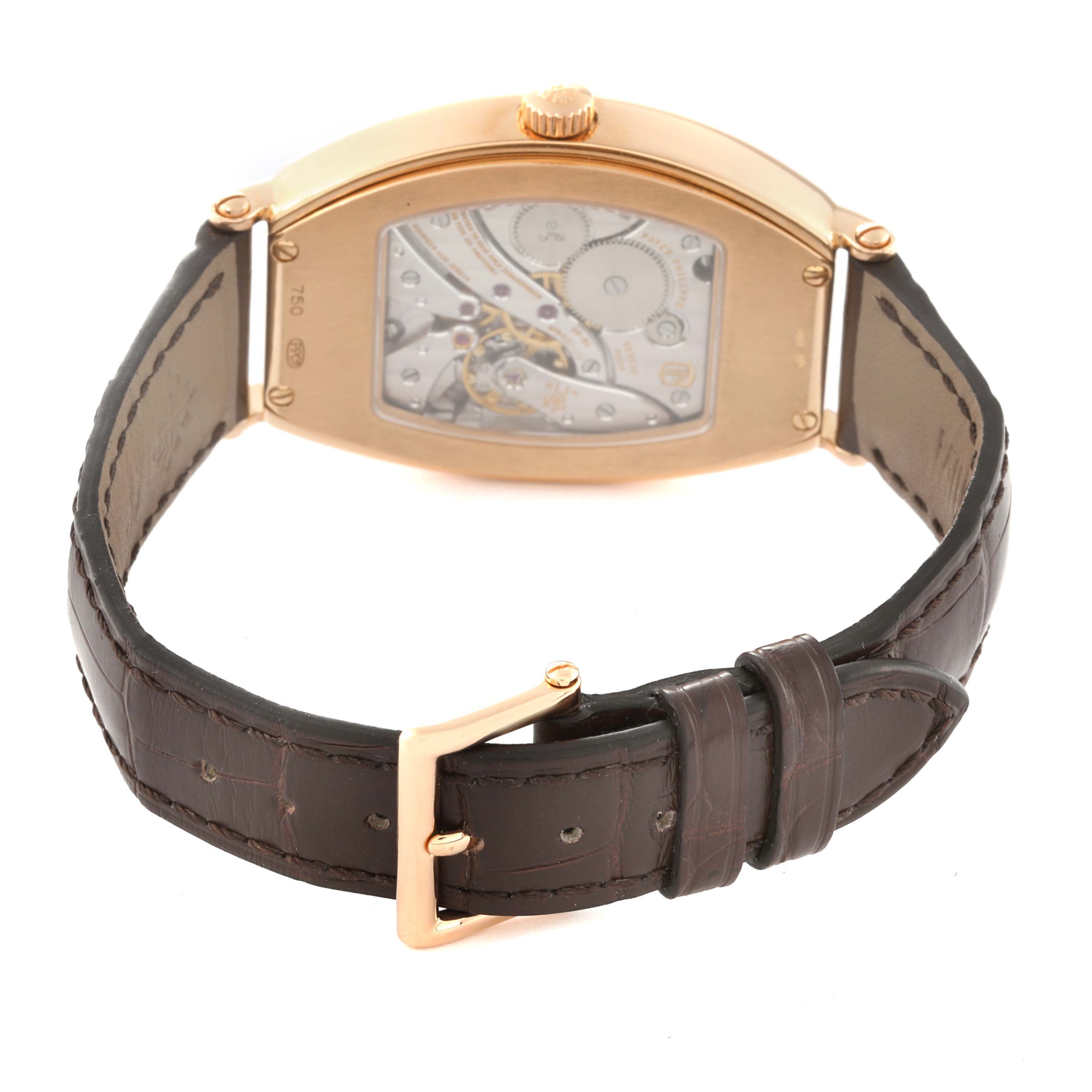 The image shows the back view of a Patek Philippe Gondolo 5098R-001 Men's Rose Gold Silver Dial 5098R-001 Men's Rose Gold Silver Dial watch, highlighting the case back and leather strap.