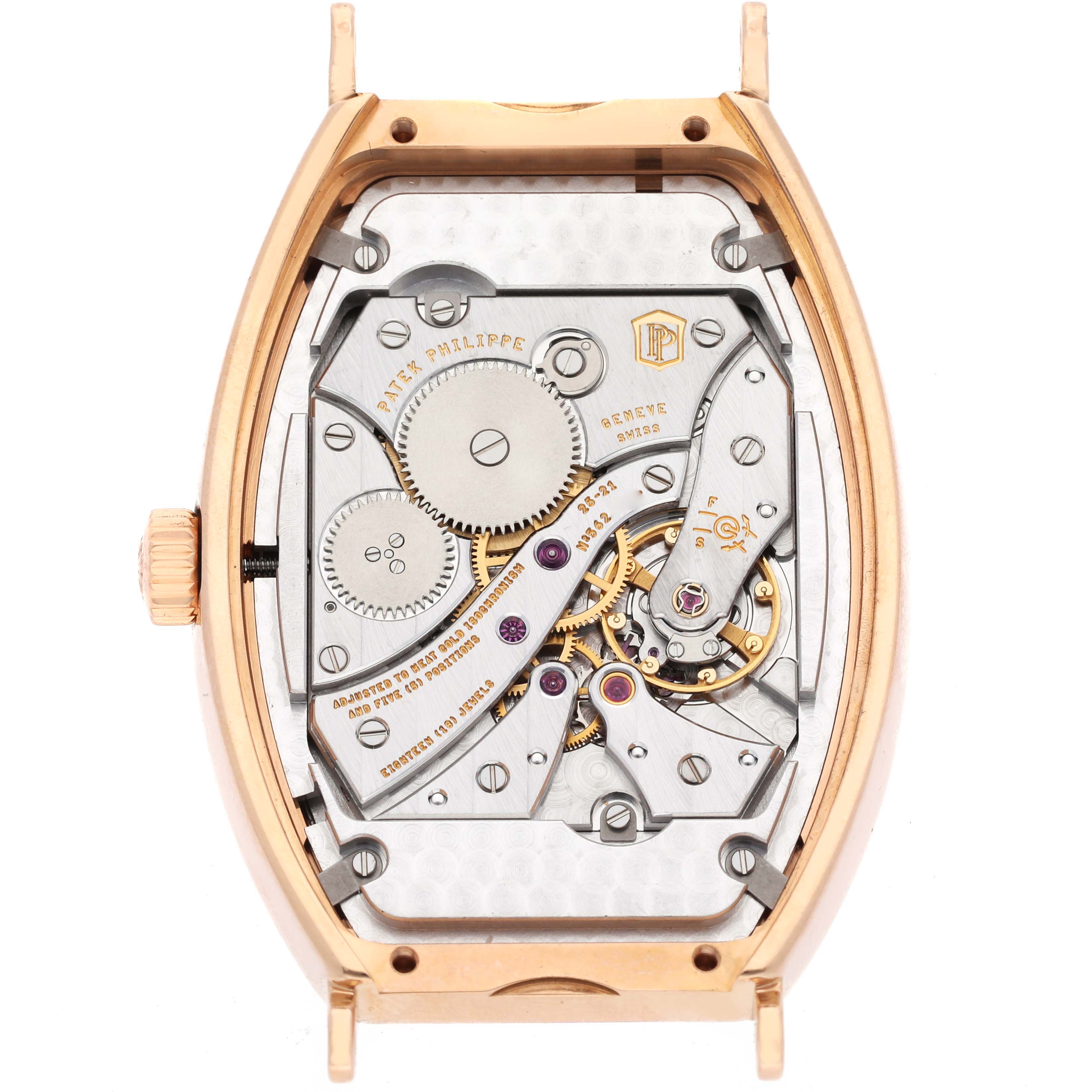 The image shows the back view of a Patek Philippe Gondolo 5098R-001 Men's Rose Gold Silver Dial 5098R-001 Men's Rose Gold Silver Dial watch, revealing its internal mechanical components.
