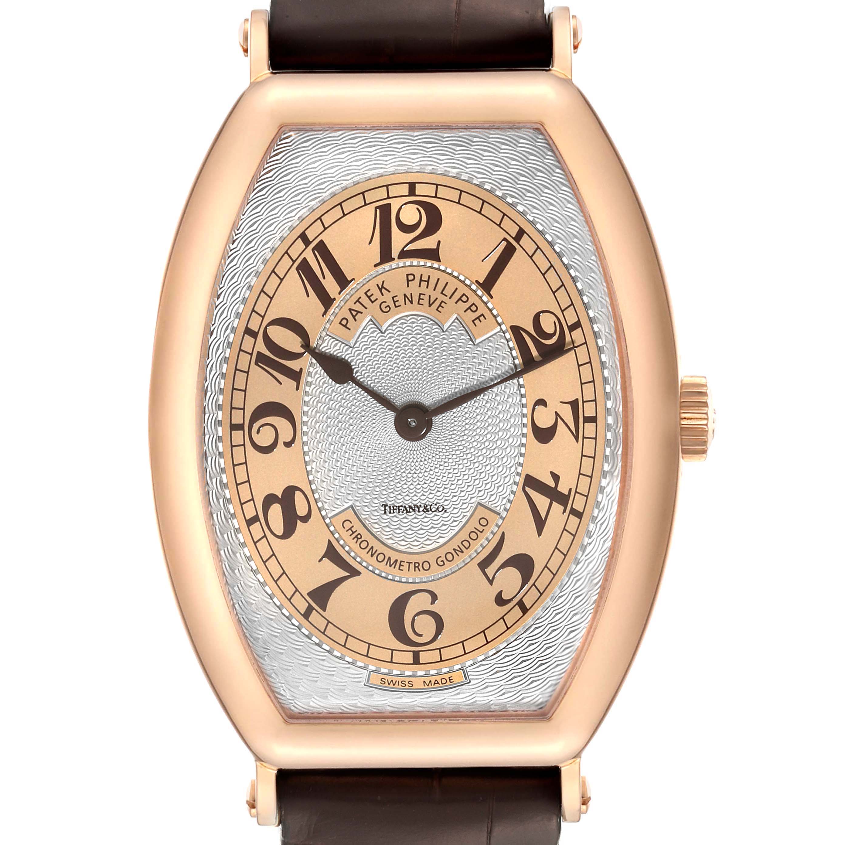 The image shows a front view of the Patek Philippe Gondolo 5098R-001 Men's Rose Gold Silver Dial 5098R-001 Men's Rose Gold Silver Dial watch, highlighting the dial, hands, and case.
