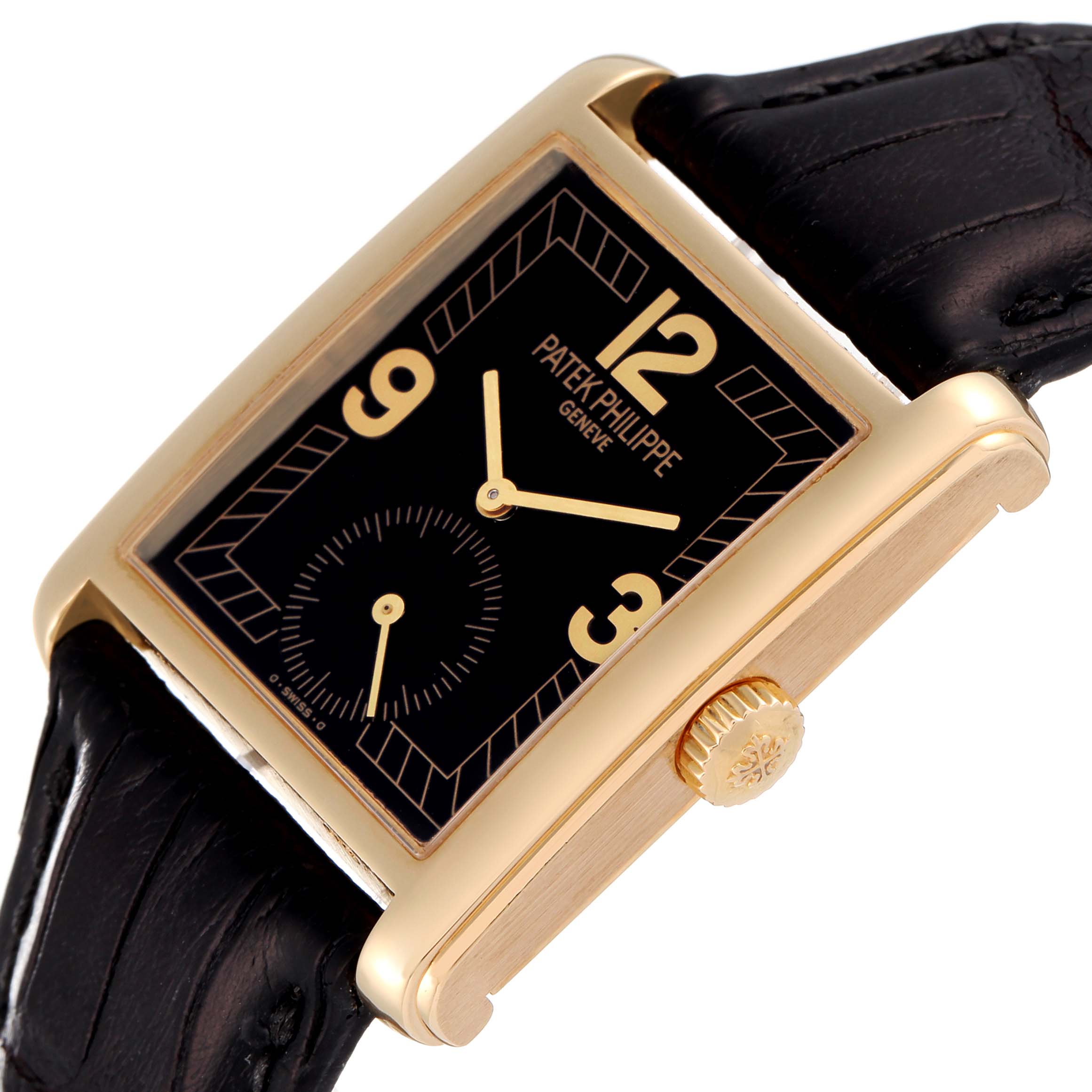 The Patek Philippe Gondolo 5014J Men's Yellow Gold Black Dial 5014J Men's Yellow Gold Black Dial watch is shown at an angle highlighting the black dial, gold case, crown, and black leather strap.