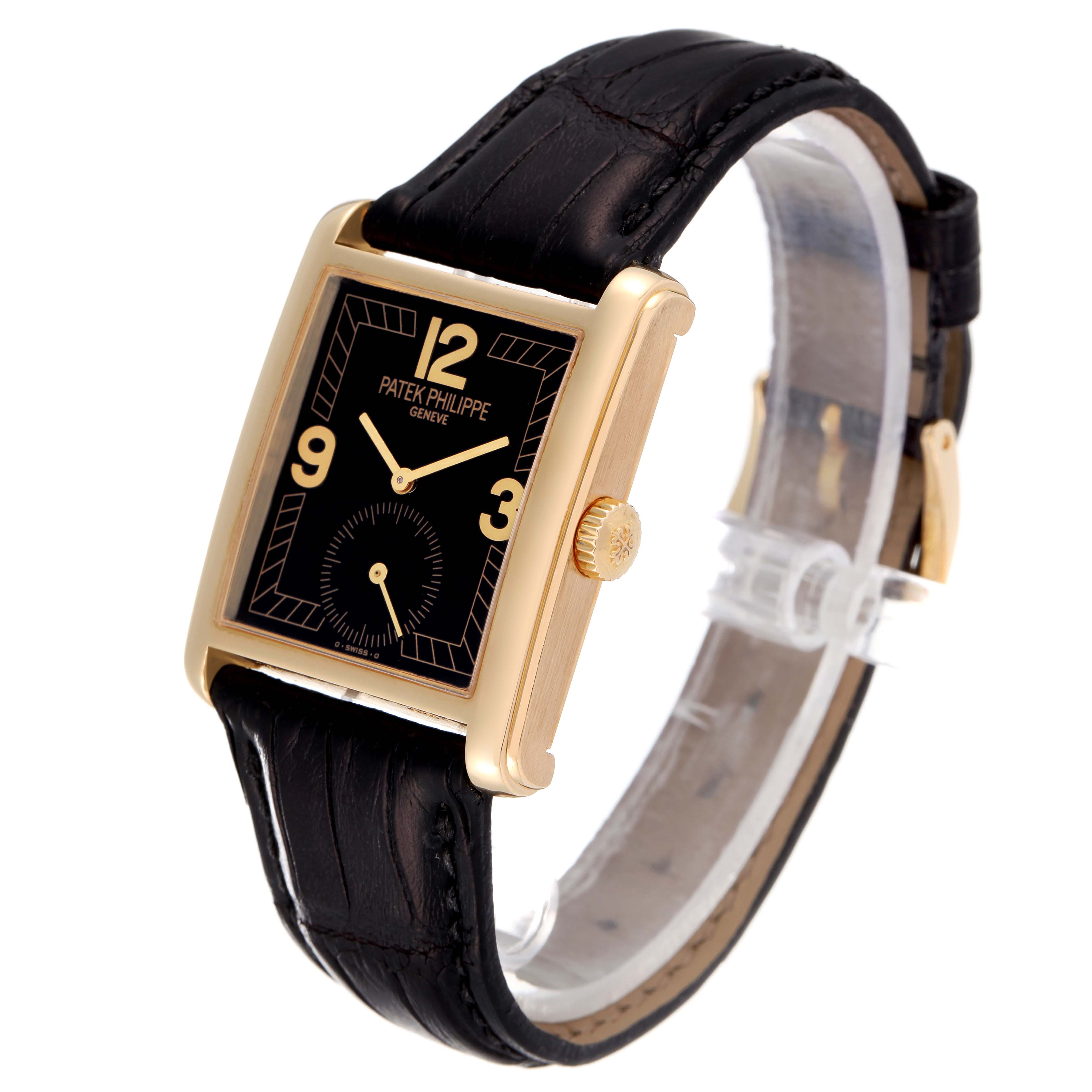 The image shows a Patek Philippe Gondolo 5014J Men's Yellow Gold Black Dial 5014J Men's Yellow Gold Black Dial watch at a slight angle, highlighting its black dial, gold case, and black leather strap.