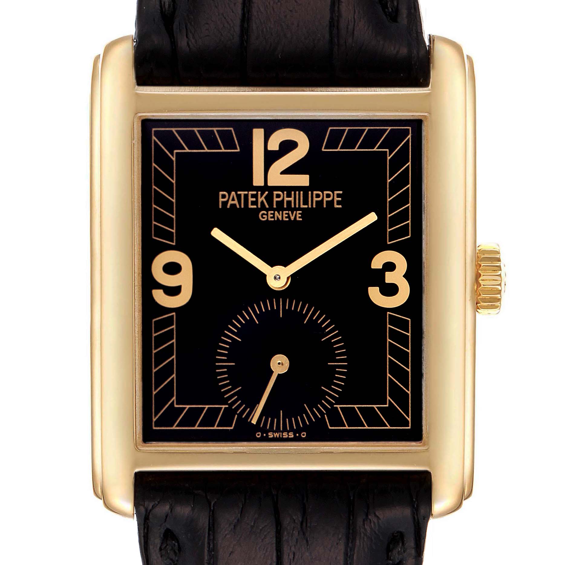 The image shows a frontal view of the dial and part of the strap of a Patek Philippe Gondolo 5014J Men's Yellow Gold Black Dial 5014J Men's Yellow Gold Black Dial watch.