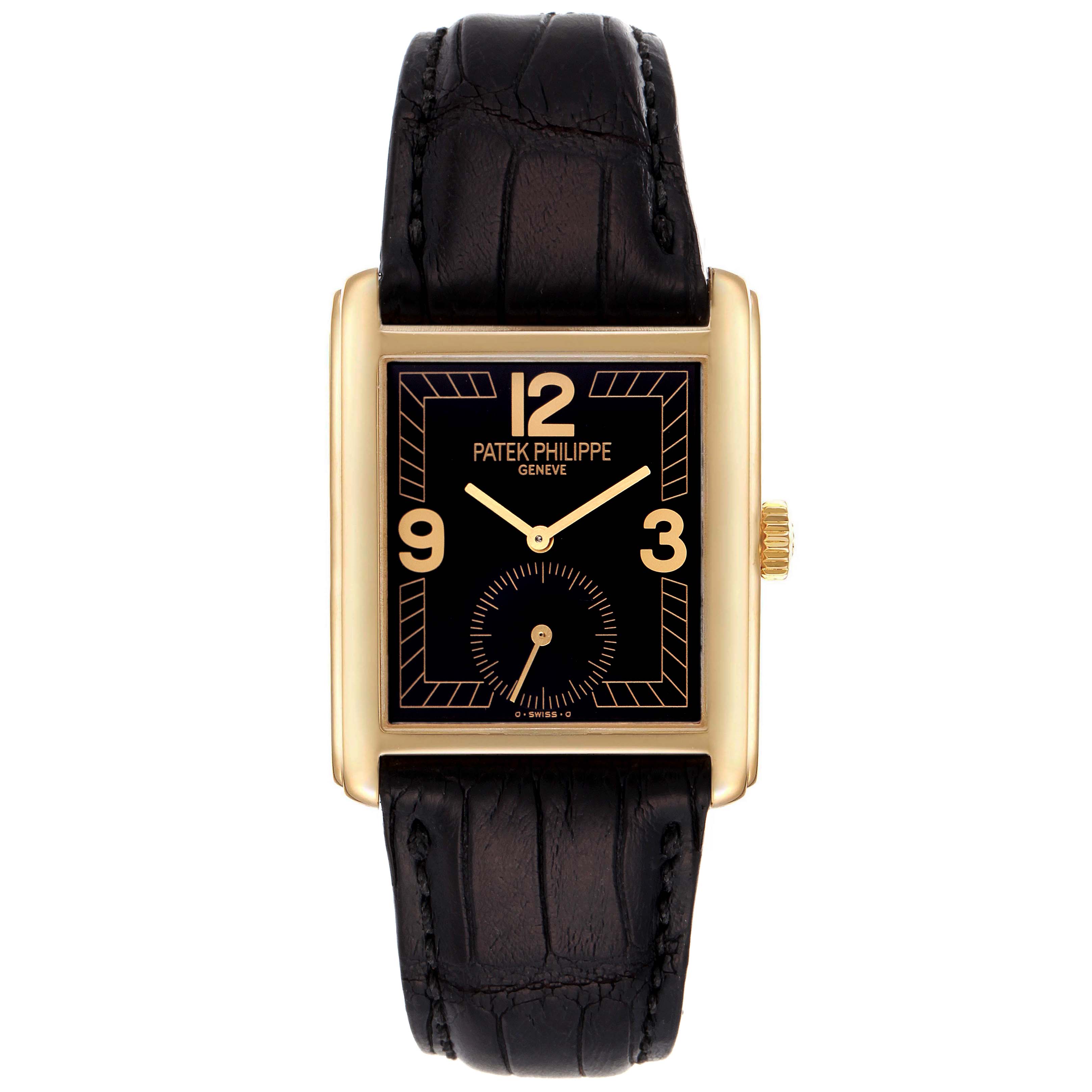 The image shows a front view of a Patek Philippe Gondolo 5014J Men's Yellow Gold Black Dial 5014J Men's Yellow Gold Black Dial watch with a rectangular face and black leather strap.