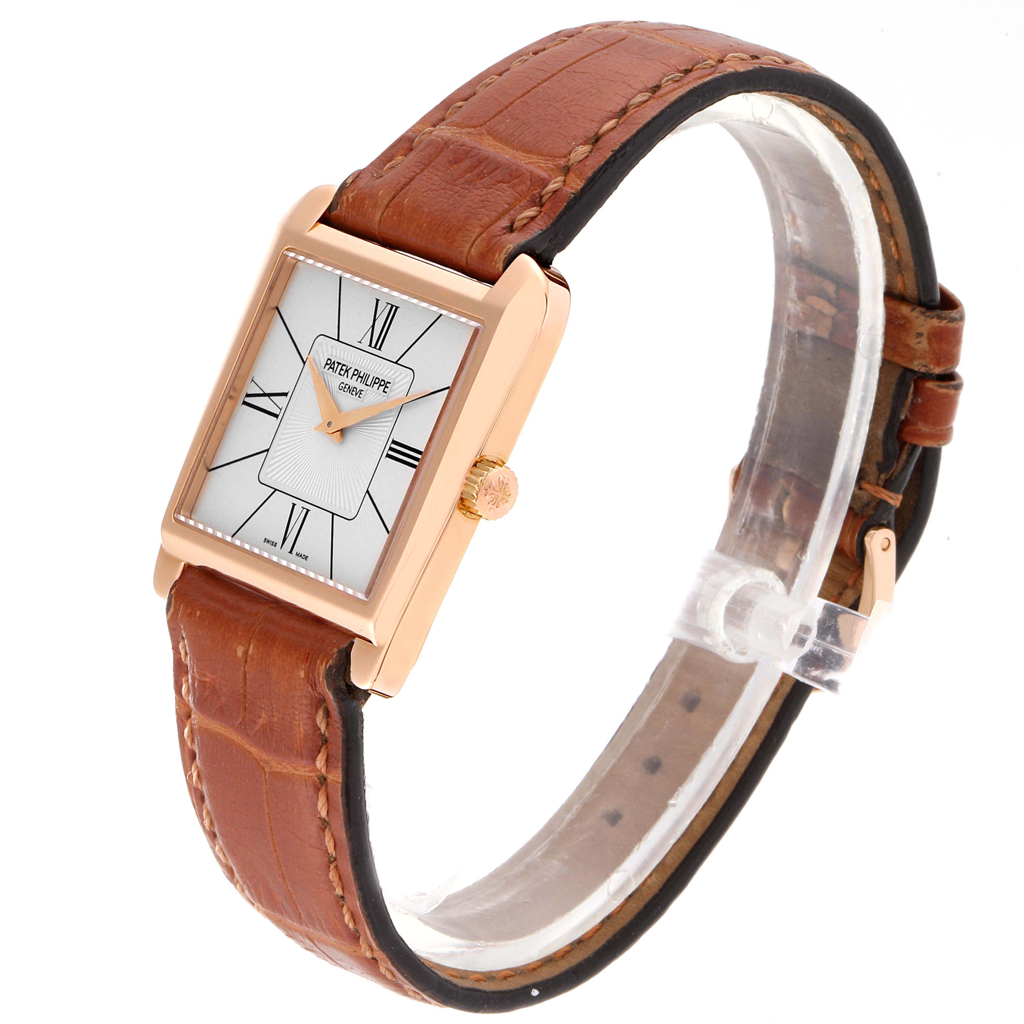 The image shows a Patek Philippe Gondolo 5489R Men's Rose Gold Silver Dial 5489R Men's Rose Gold Silver Dial watch at a three-quarter angle, displaying the face, crown, and brown leather strap.