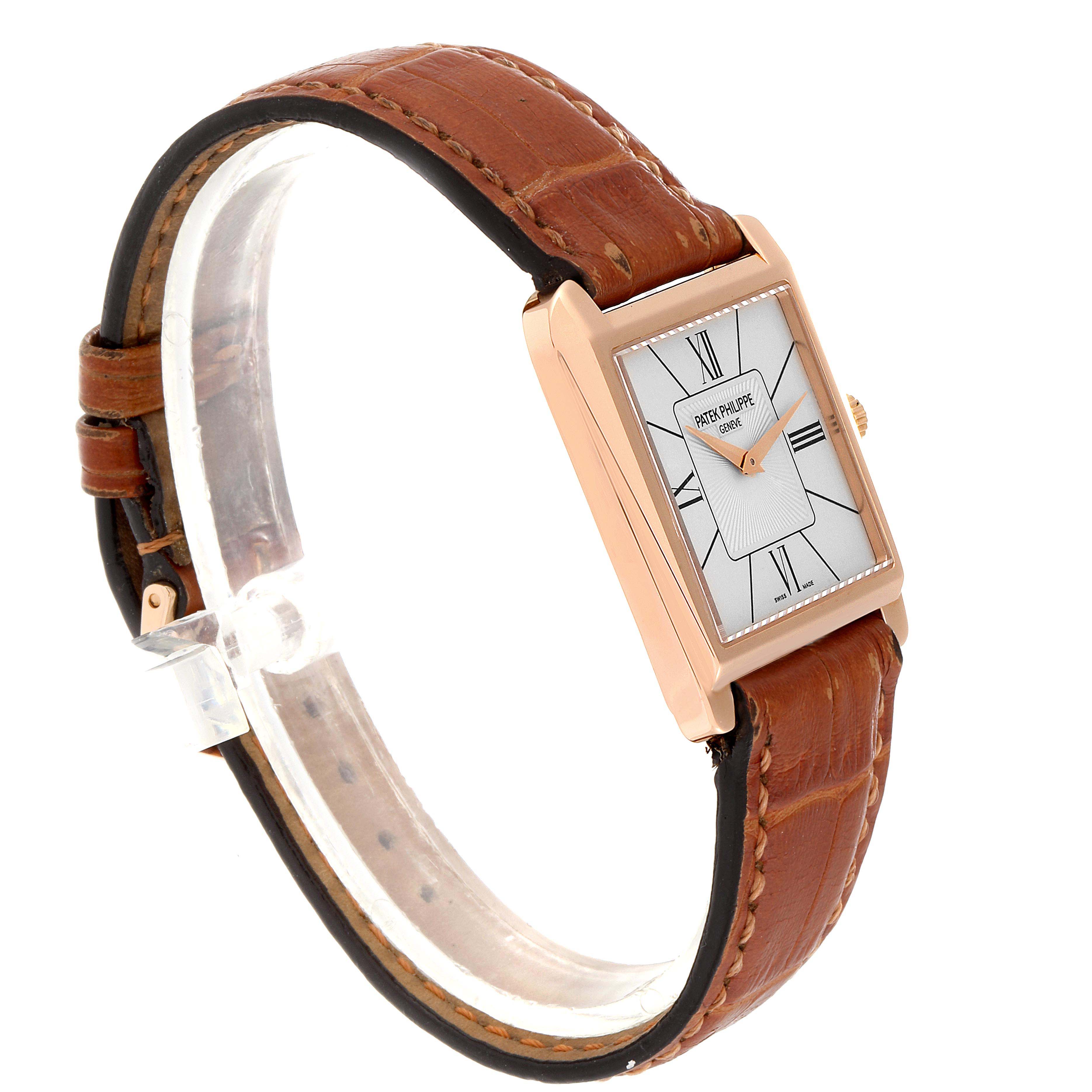 The image shows a Patek Philippe Gondolo 5489R Men's Rose Gold Silver Dial 5489R Men's Rose Gold Silver Dial watch angled to display its rectangular dial and brown leather strap.