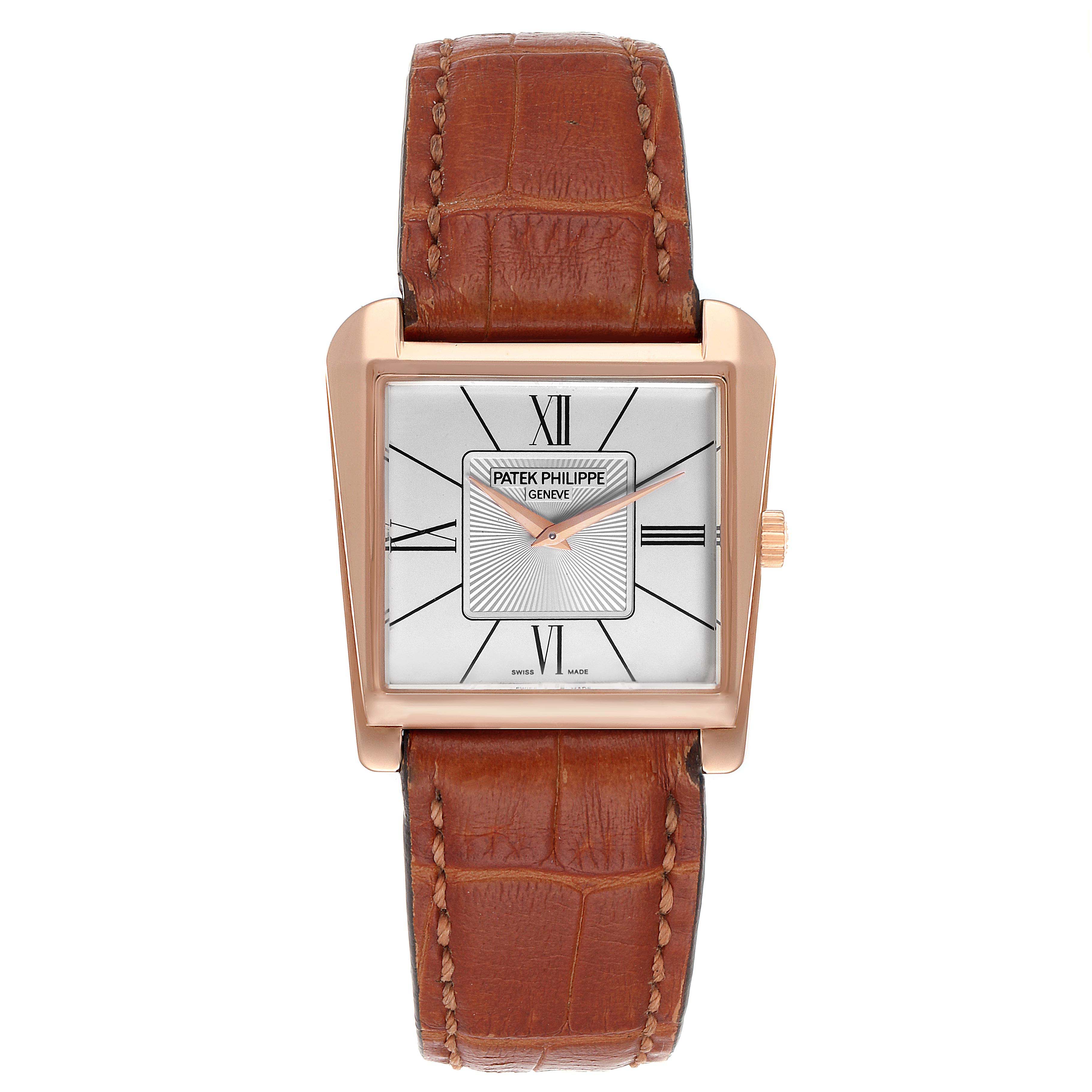 The image shows a Patek Philippe Gondolo 5489R Men's Rose Gold Silver Dial 5489R Men's Rose Gold Silver Dial watch, viewed from the front, showcasing its dial, case, and leather strap.