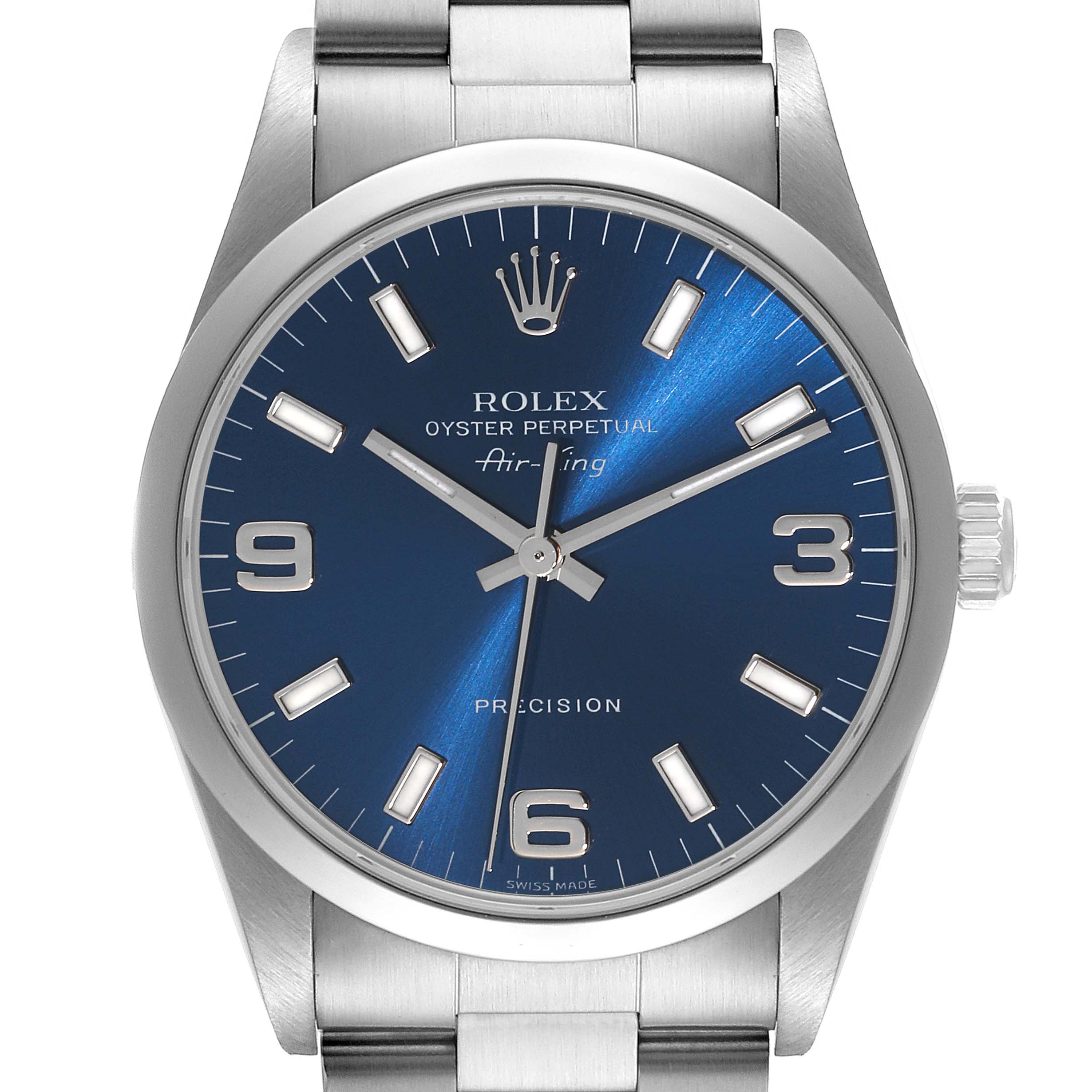 The Rolex Air-King 14000 Men's Stainless Steel Blue Dial 14000 Men's Stainless Steel Blue Dial watch is shown from a front angle, highlighting its blue dial, bezel, and stainless steel bracelet.