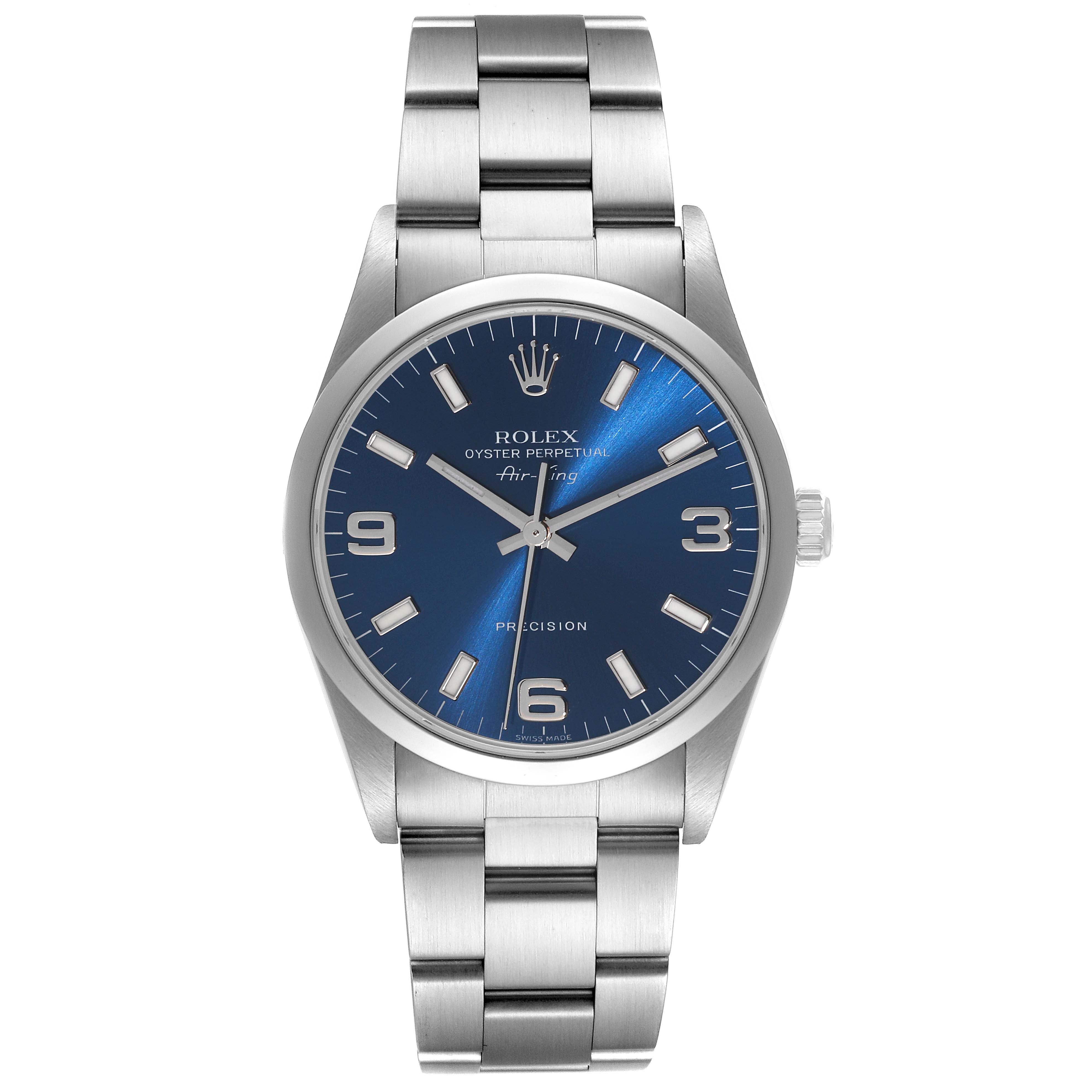 The image shows a frontal view of the Rolex Air-King 14000 Men's Stainless Steel Blue Dial 14000 Men's Stainless Steel Blue Dial watch, highlighting the dial, bracelet, and crown.