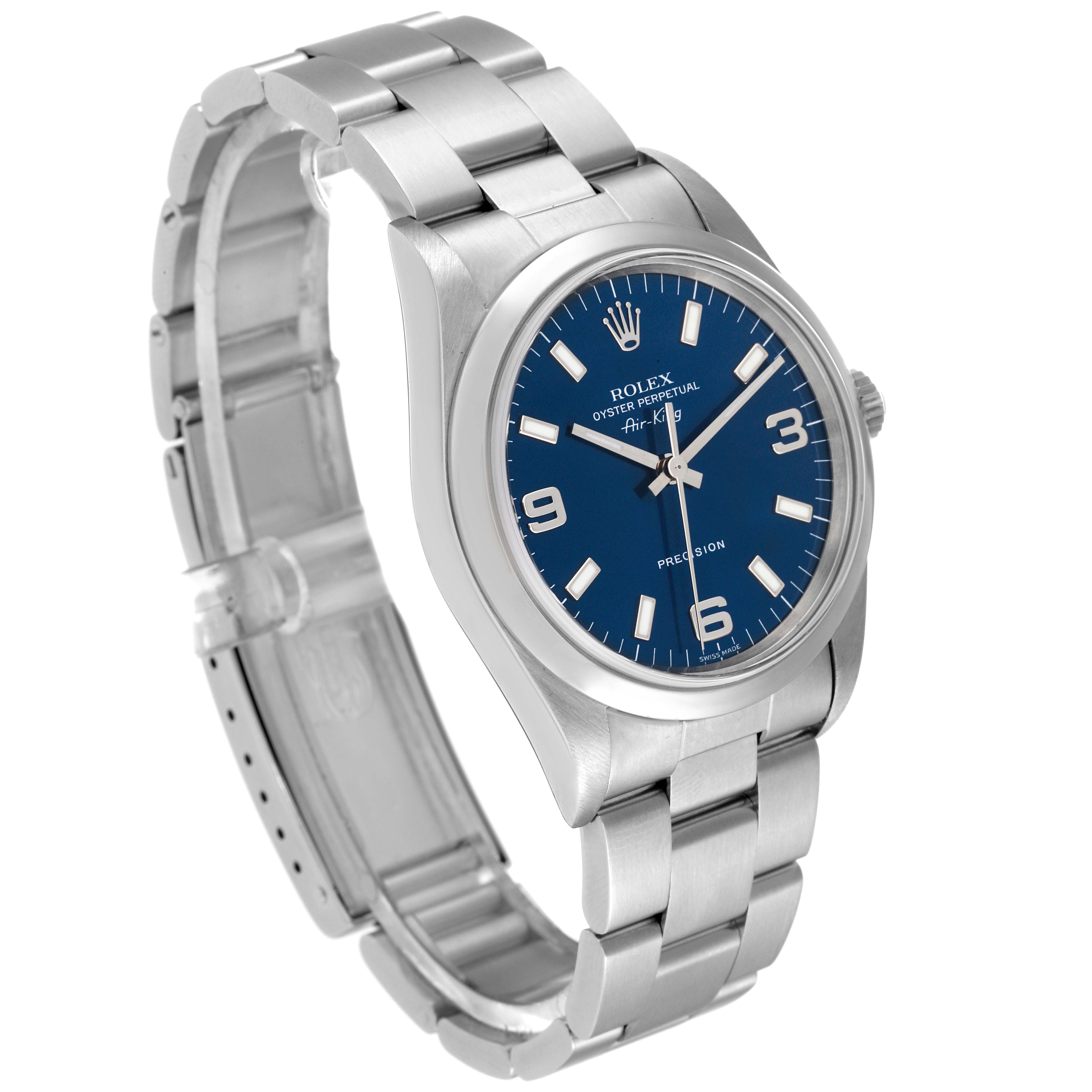 The Rolex Air-King 14000 Men's Stainless Steel Blue Dial 14000 Men's Stainless Steel Blue Dial watch is shown at a side angle, displaying the watch face, crown, and stainless steel bracelet.