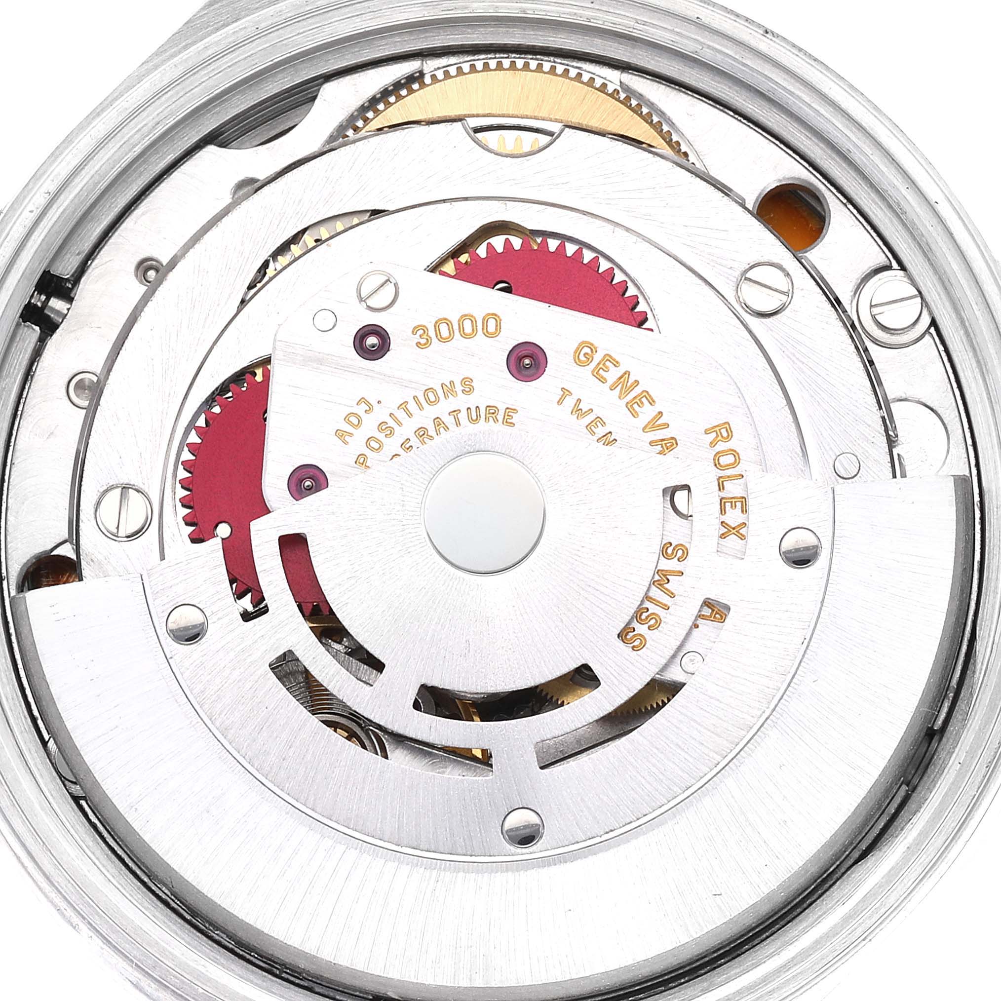 This is a close-up view of the movement mechanism of the Rolex Air-King 14000 Men's Stainless Steel Blue Dial 14000 Men's Stainless Steel Blue Dial watch.