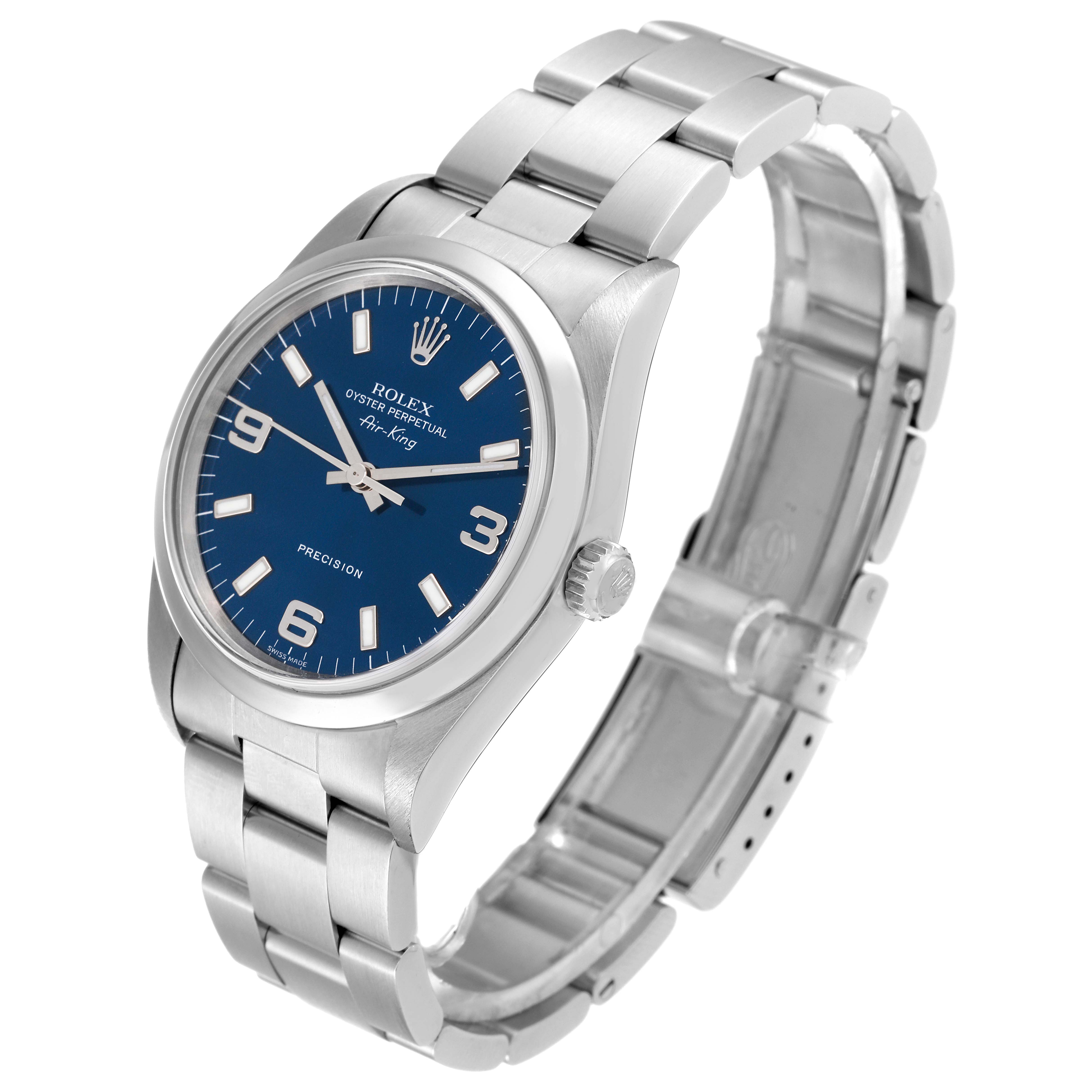 The image shows a Rolex Air-King 14000 Men's Stainless Steel Blue Dial 14000 Men's Stainless Steel Blue Dial watch at an angle highlighting the face, crown, and partially opened bracelet clasp.
