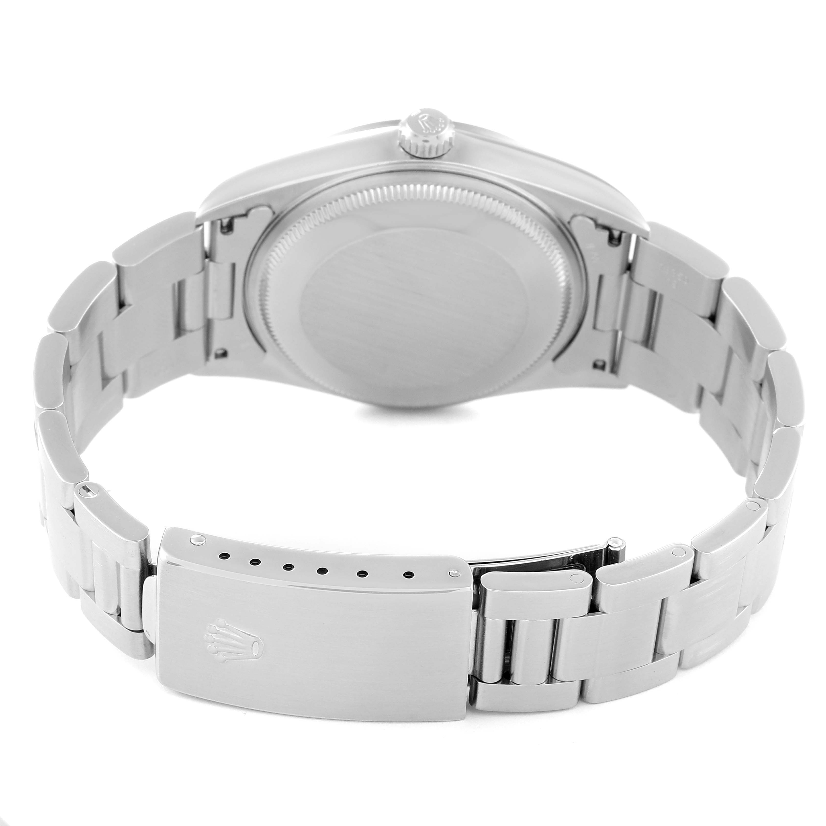 This image shows the back and bracelet clasp of a Rolex Air-King 14000 Men's Stainless Steel Blue Dial 14000 Men's Stainless Steel Blue Dial watch at a rear angle.