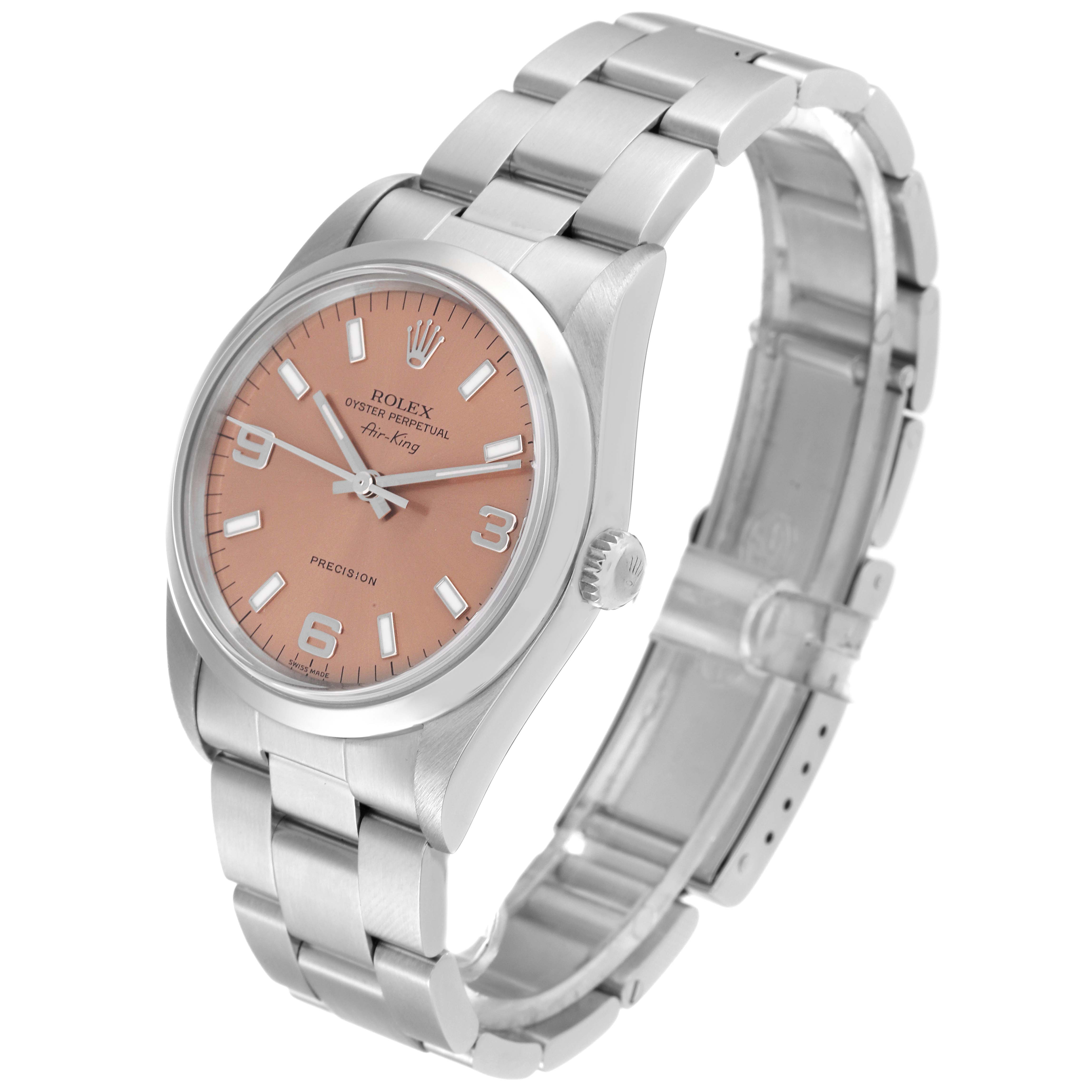 The Rolex Air-King 14000 Men's Stainless Steel Pink Dial 14000 Men's Stainless Steel Pink Dial watch is shown at an angle, displaying its face, crown, and stainless-steel bracelet.