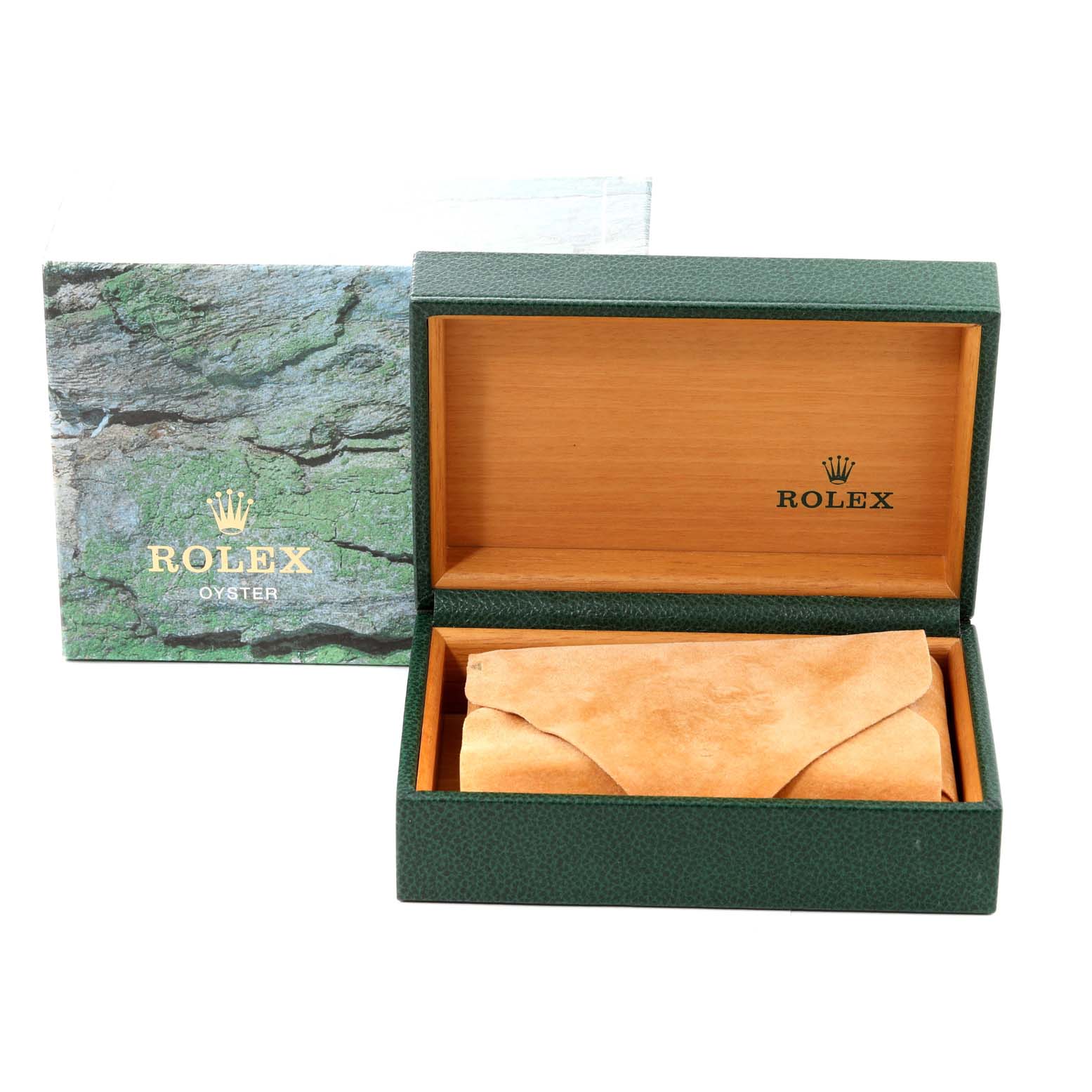 The image shows an open green Rolex box for the Air-King model with the outer packaging and suede pouch inside.