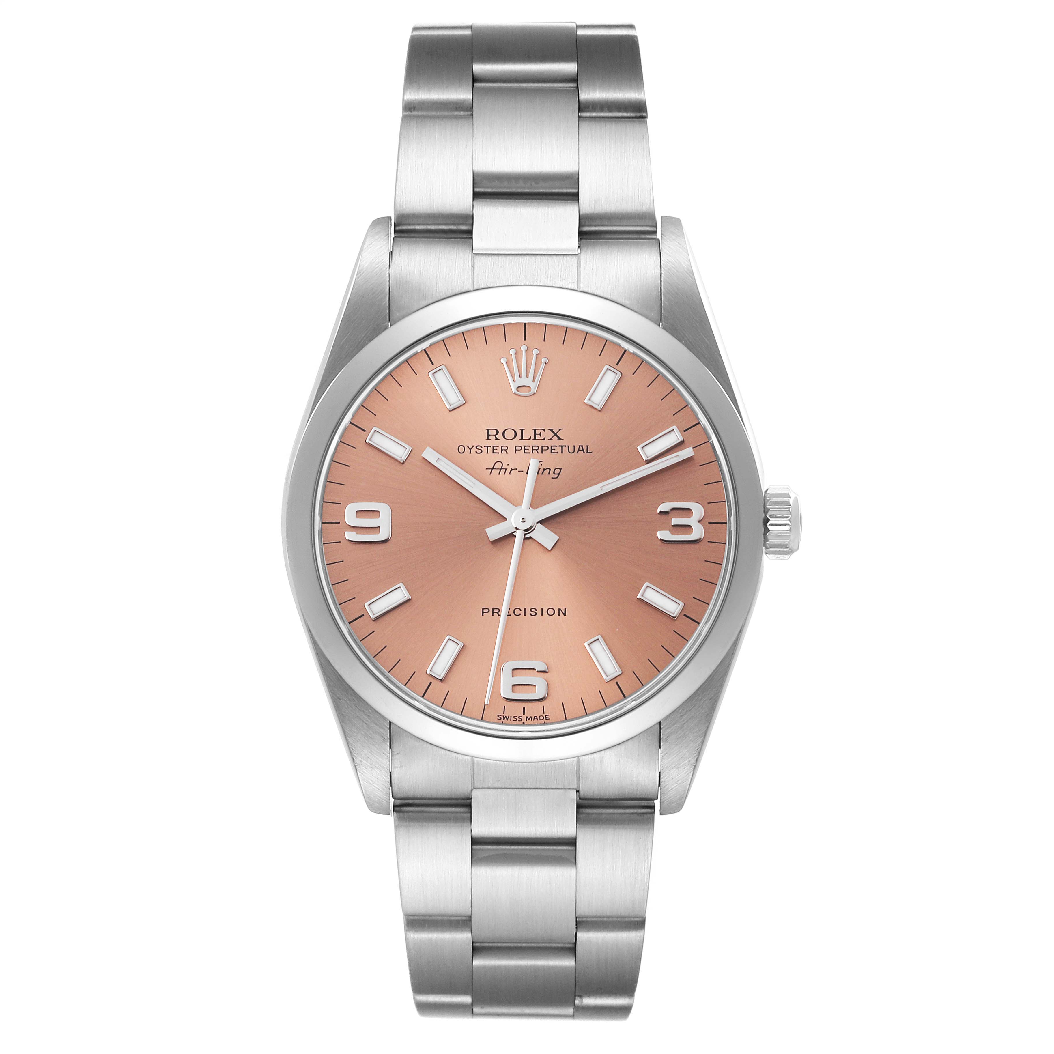 The image shows a front view of a Rolex Air-King 14000 Men's Stainless Steel Pink Dial 14000 Men's Stainless Steel Pink Dial watch, highlighting its dial, case, crown, and bracelet.