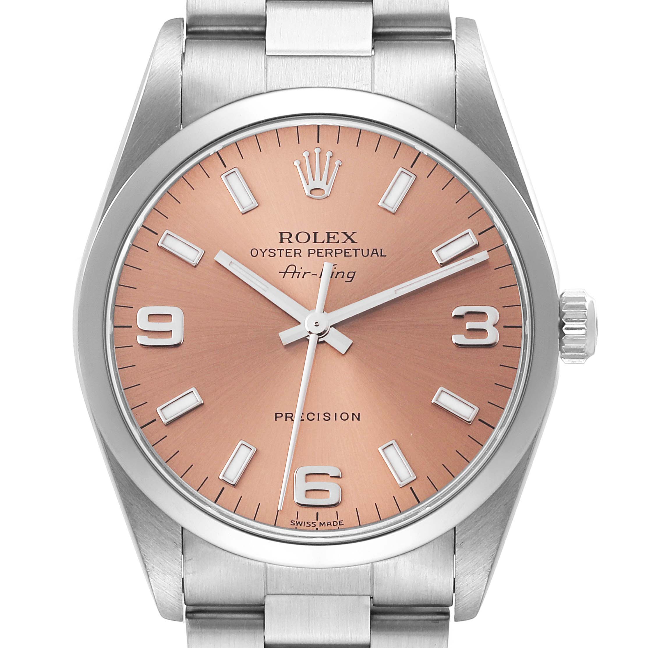 The image shows a front view of the Rolex Air-King 14000 Men's Stainless Steel Pink Dial 14000 Men's Stainless Steel Pink Dial watch, highlighting its dial, bezel, and part of the bracelet.
