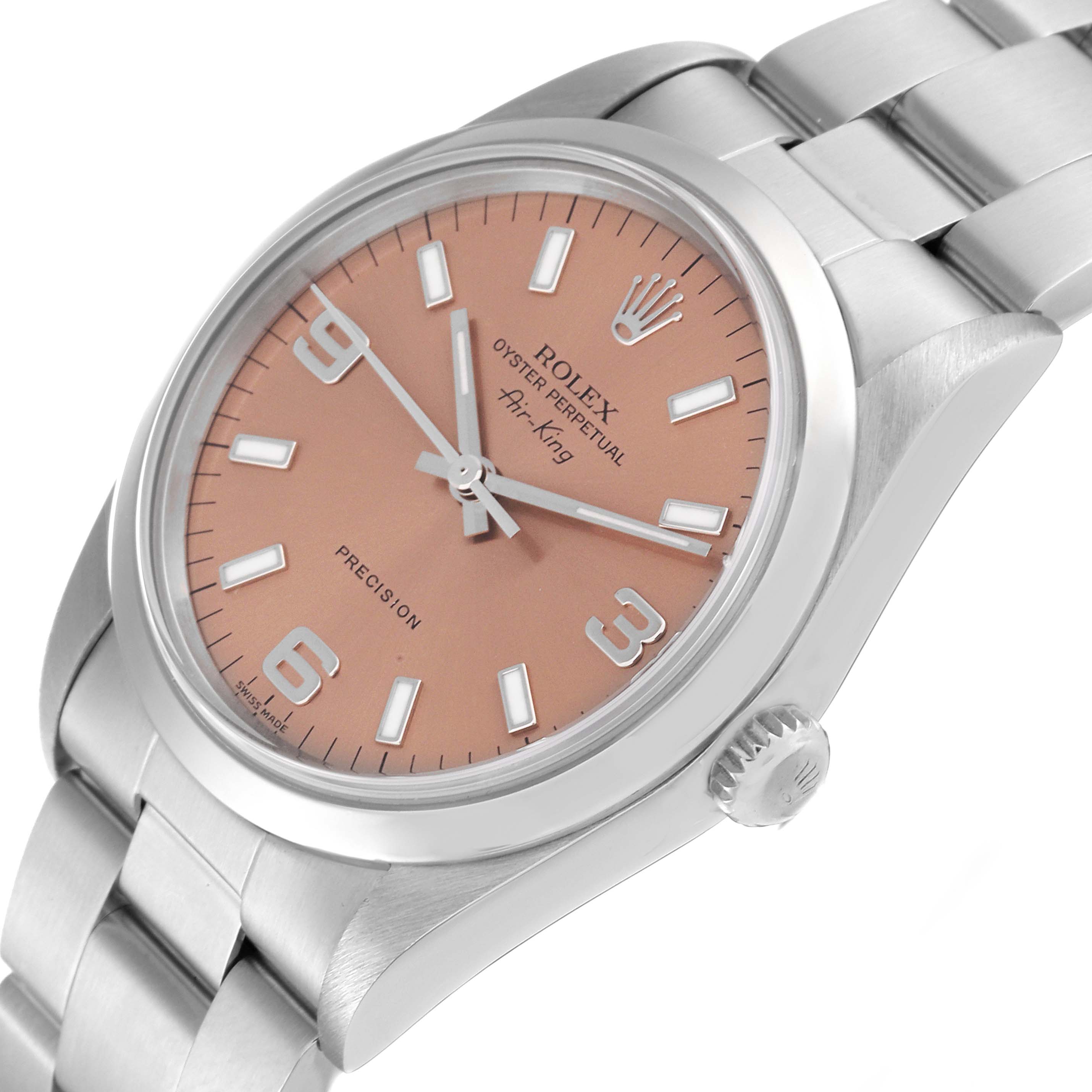 The Rolex Air-King 14000 Men's Stainless Steel Pink Dial 14000 Men's Stainless Steel Pink Dial watch is shown from a diagonal top view, displaying its face, dial, crown, and part of the bracelet.