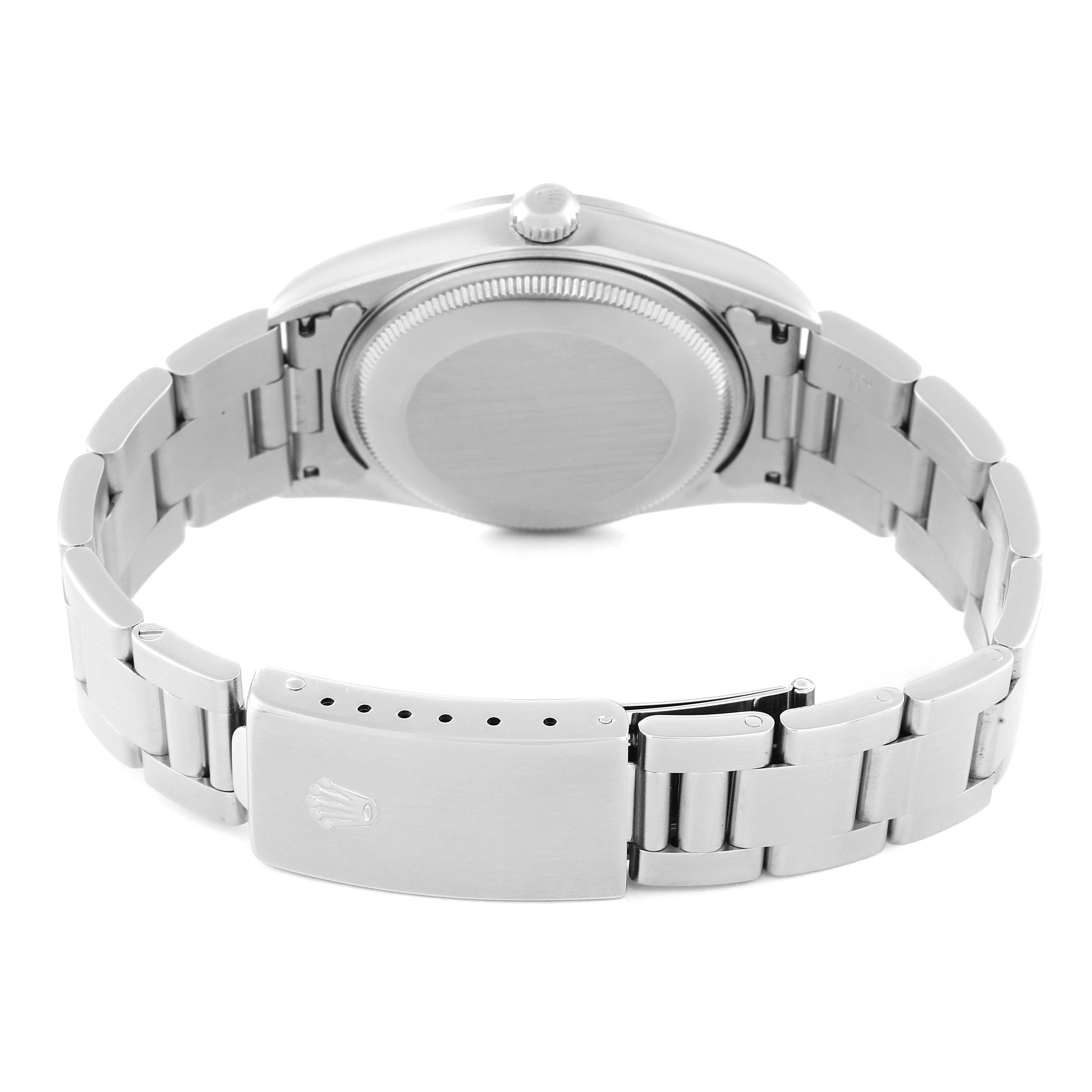 The image shows the back view of a Rolex Air-King 14000 Men's Stainless Steel Pink Dial 14000 Men's Stainless Steel Pink Dial watch, highlighting the case back, bracelet, and clasp.