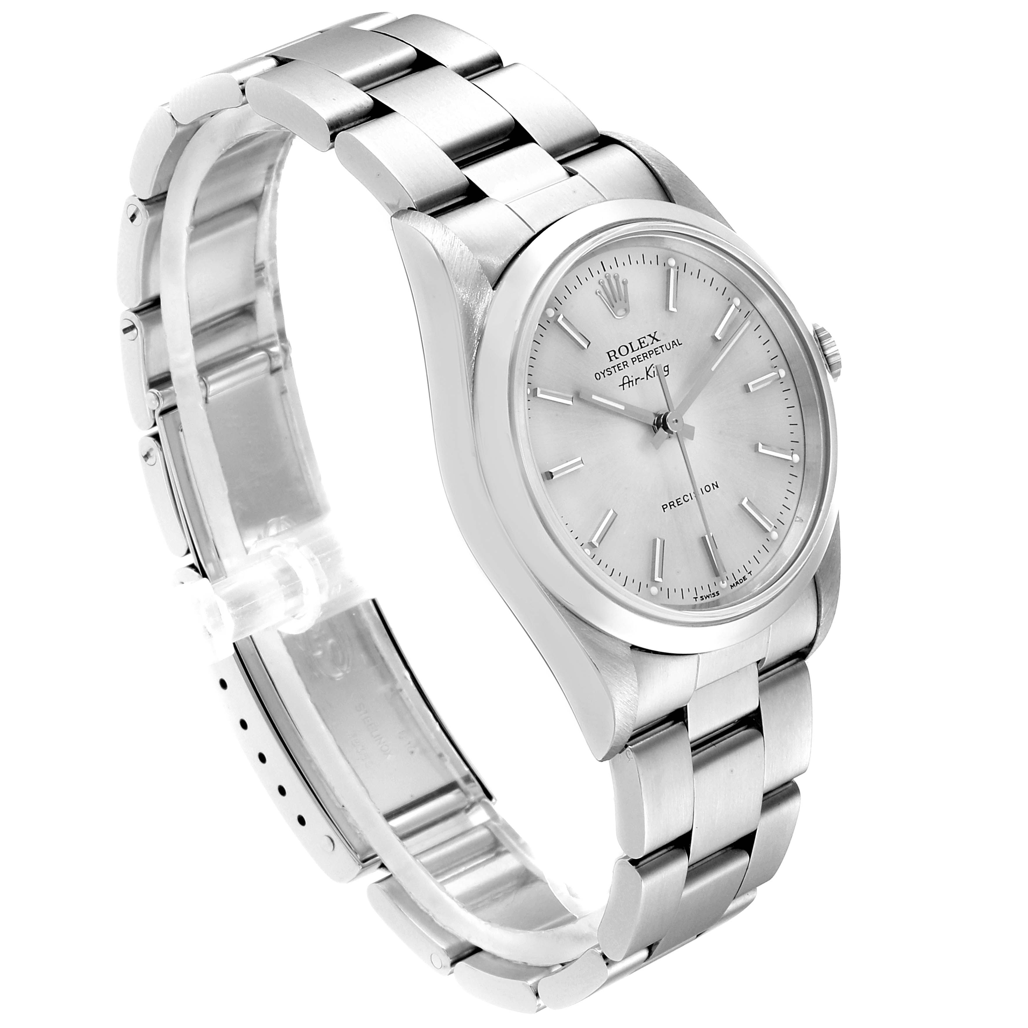 The image shows a side view of the Rolex Air-King 14000 Men's Stainless Steel Silver Dial 14000 Men's Stainless Steel Silver Dial watch, highlighting its bracelet, dial, and case.