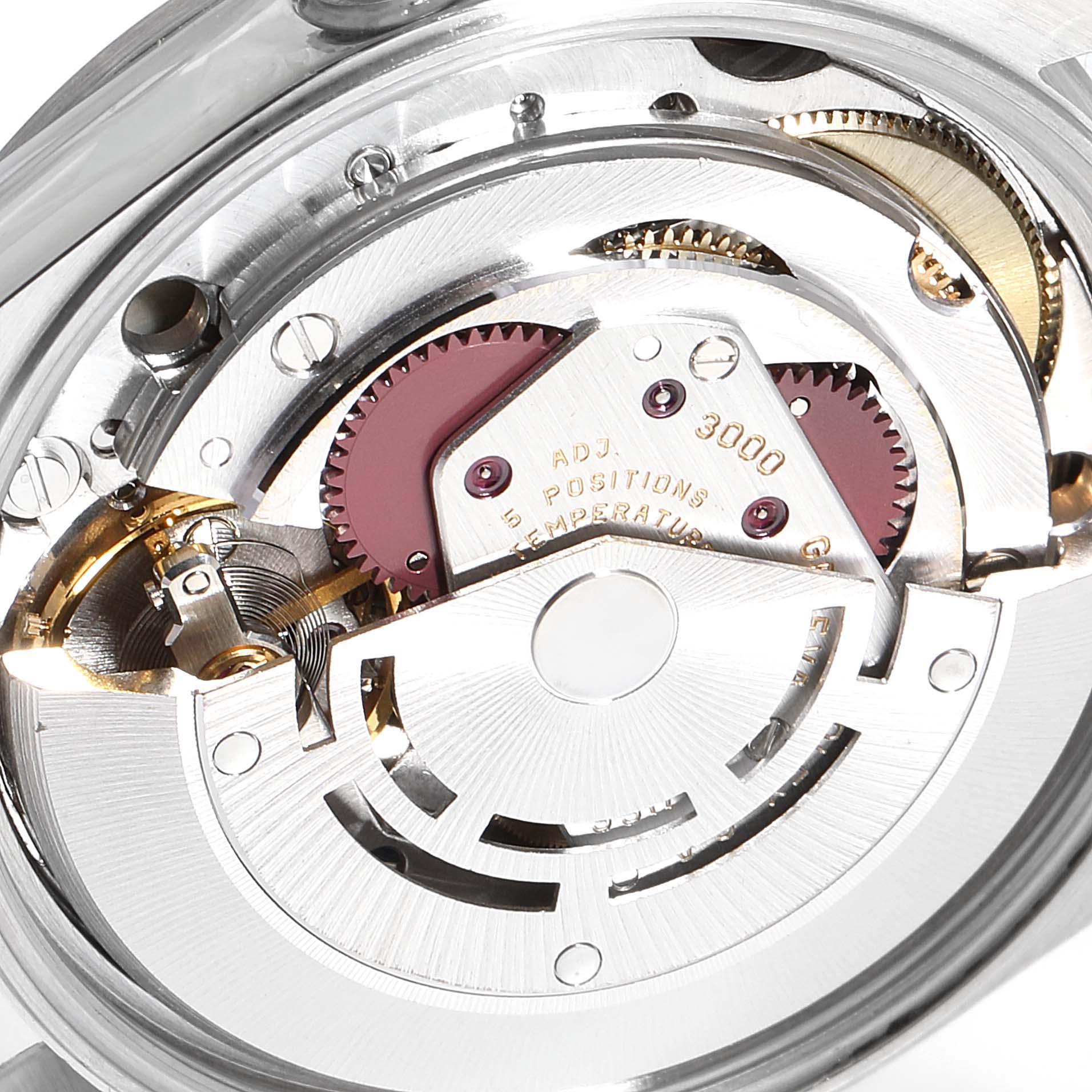 This is a close-up view of the movement mechanism of a Rolex Air-King 14000 Men's Stainless Steel Silver Dial 14000 Men's Stainless Steel Silver Dial watch, showcasing the intricate internal components.