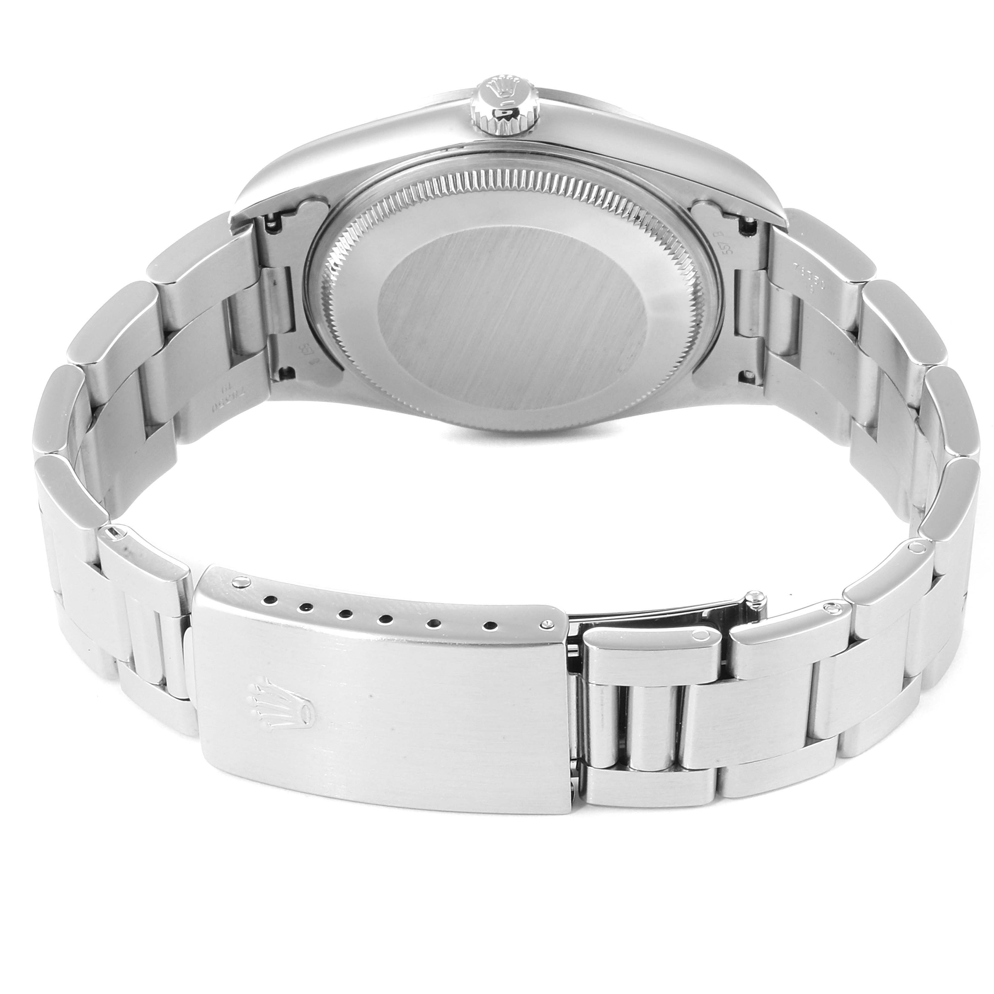 The image shows the back and bracelet of a Rolex Air-King 14000 Men's Stainless Steel Silver Dial 14000 Men's Stainless Steel Silver Dial watch, highlighting the case back, crown, and clasp with the Rolex logo.