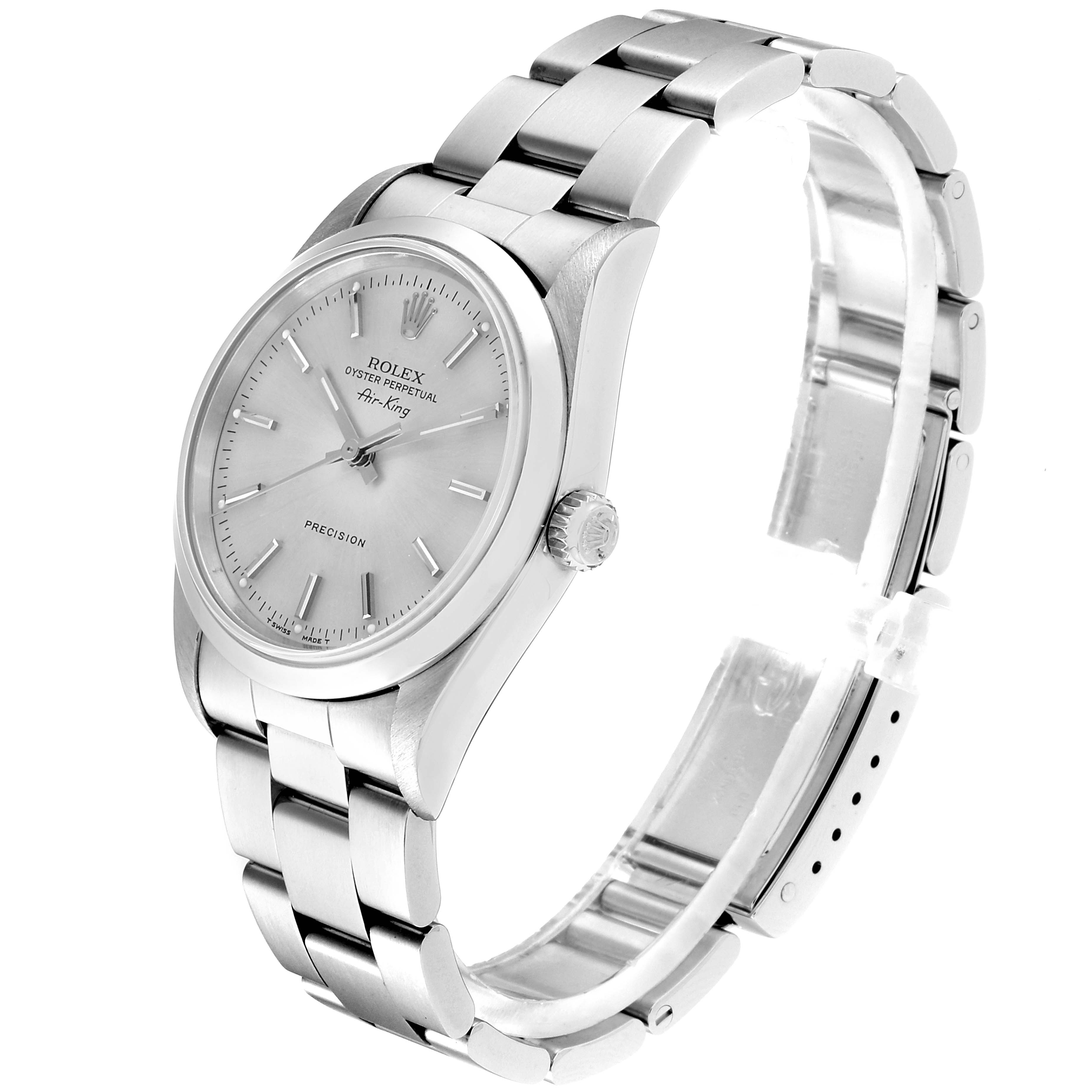 The Rolex Air-King 14000 Men's Stainless Steel Silver Dial 14000 Men's Stainless Steel Silver Dial is shown at a left-side angle, highlighting the watch face, bezel, crown, and bracelet.