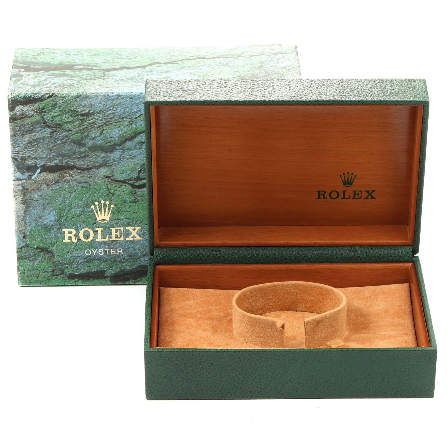 This image shows a Rolex Air-King 14000 Men's Stainless Steel Silver Dial 14000 Men's Stainless Steel Silver Dial watch box and its inner cushion at an angle from the front, with the lid open.