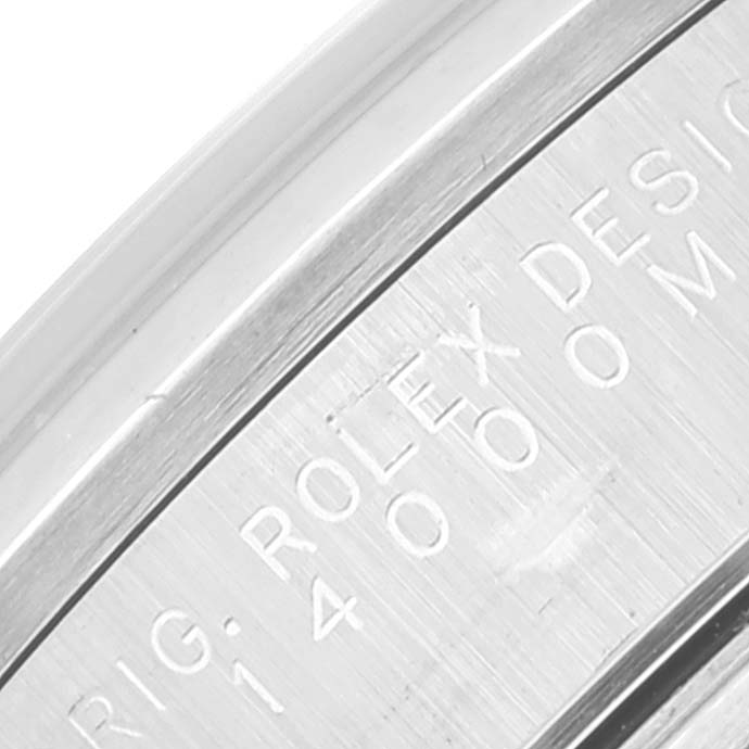 This close-up image shows the engraving on the rim of a Rolex Air-King 14000 Men's Stainless Steel Silver Dial 14000 Men's Stainless Steel Silver Dial watch.
