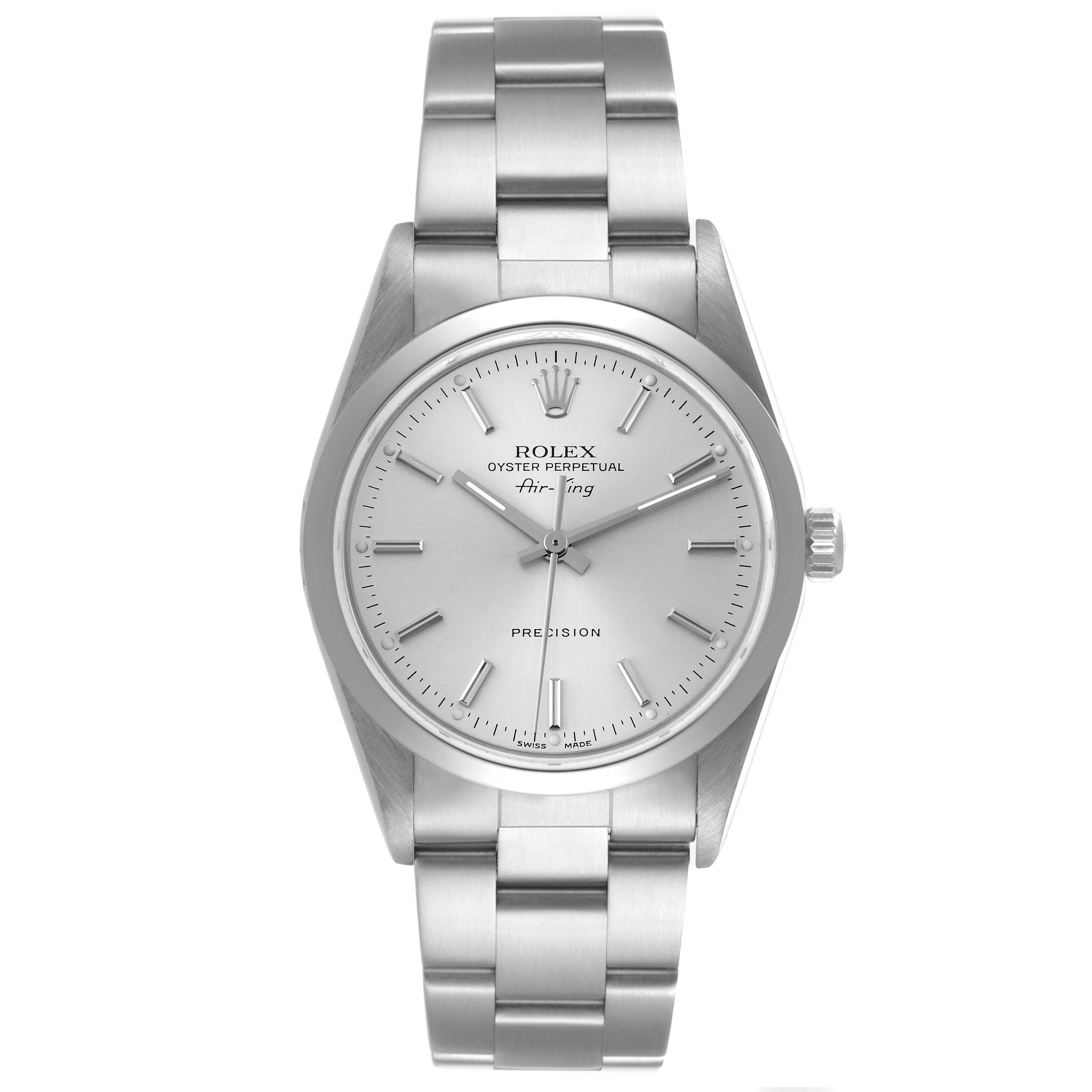 This image shows a front view of the Rolex Air-King 14000 Men's Stainless Steel Silver Dial 14000 Men's Stainless Steel Silver Dial watch, displaying its dial, hour markers, and metal bracelet.