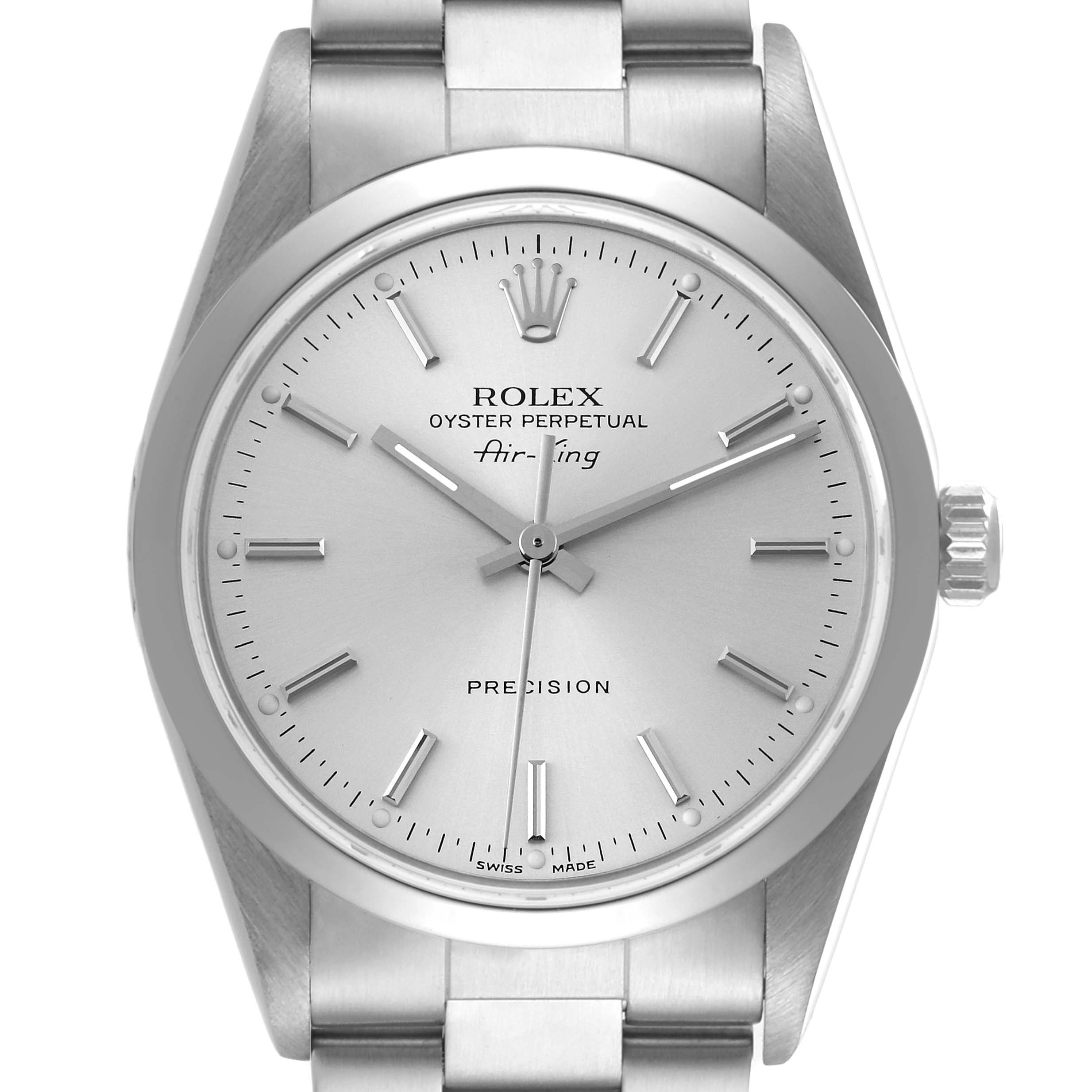 This image shows the front view of the Rolex Air-King 14000 Men's Stainless Steel Silver Dial 14000 Men's Stainless Steel Silver Dial watch, highlighting the dial, hour markers, hands, bezel, and part of the bracelet.