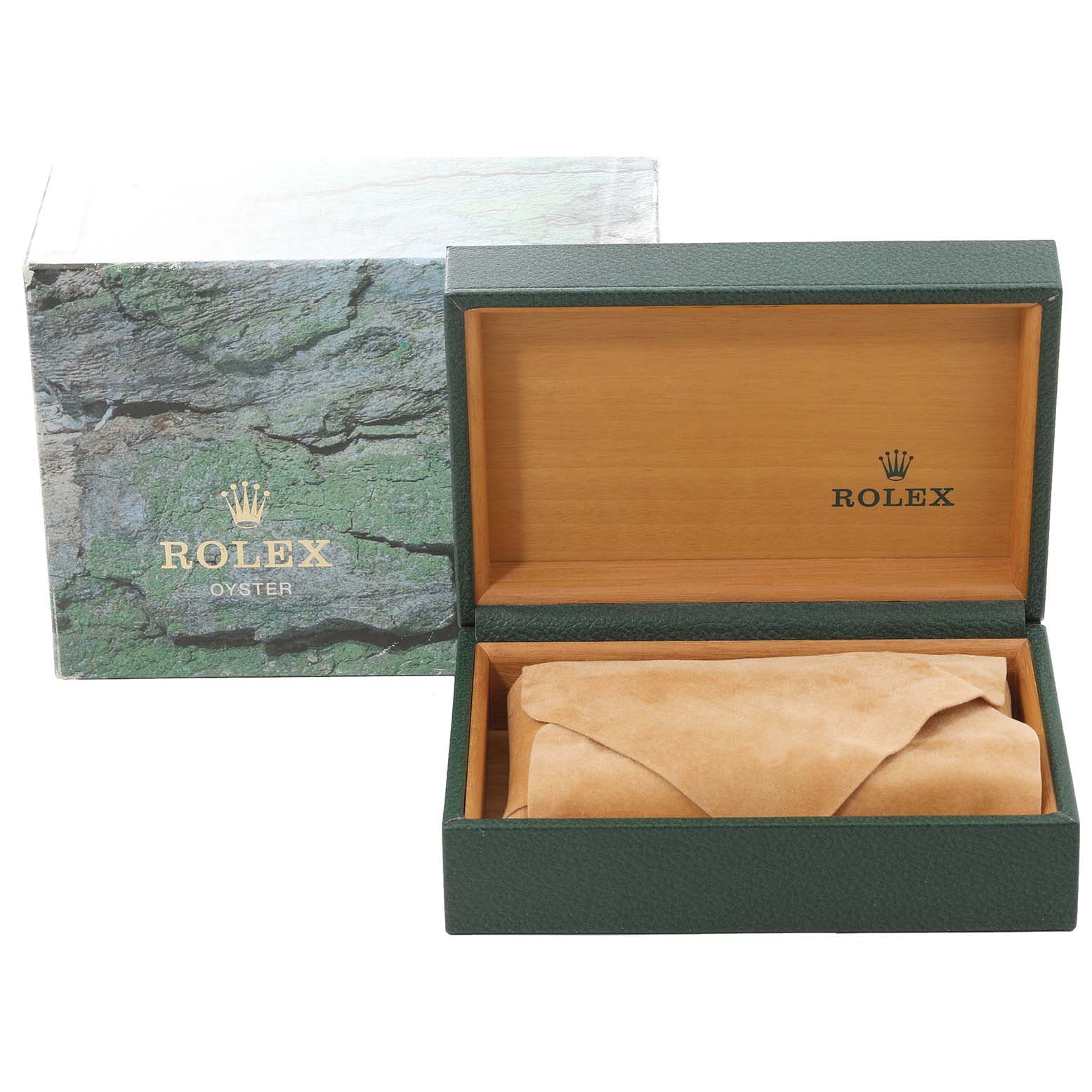 This image shows a Rolex Air-King 14000 Men's Stainless Steel Silver Dial 14000 Men's Stainless Steel Silver Dial watch box and packaging, including an outer box and an inner case with a protective suede cloth.