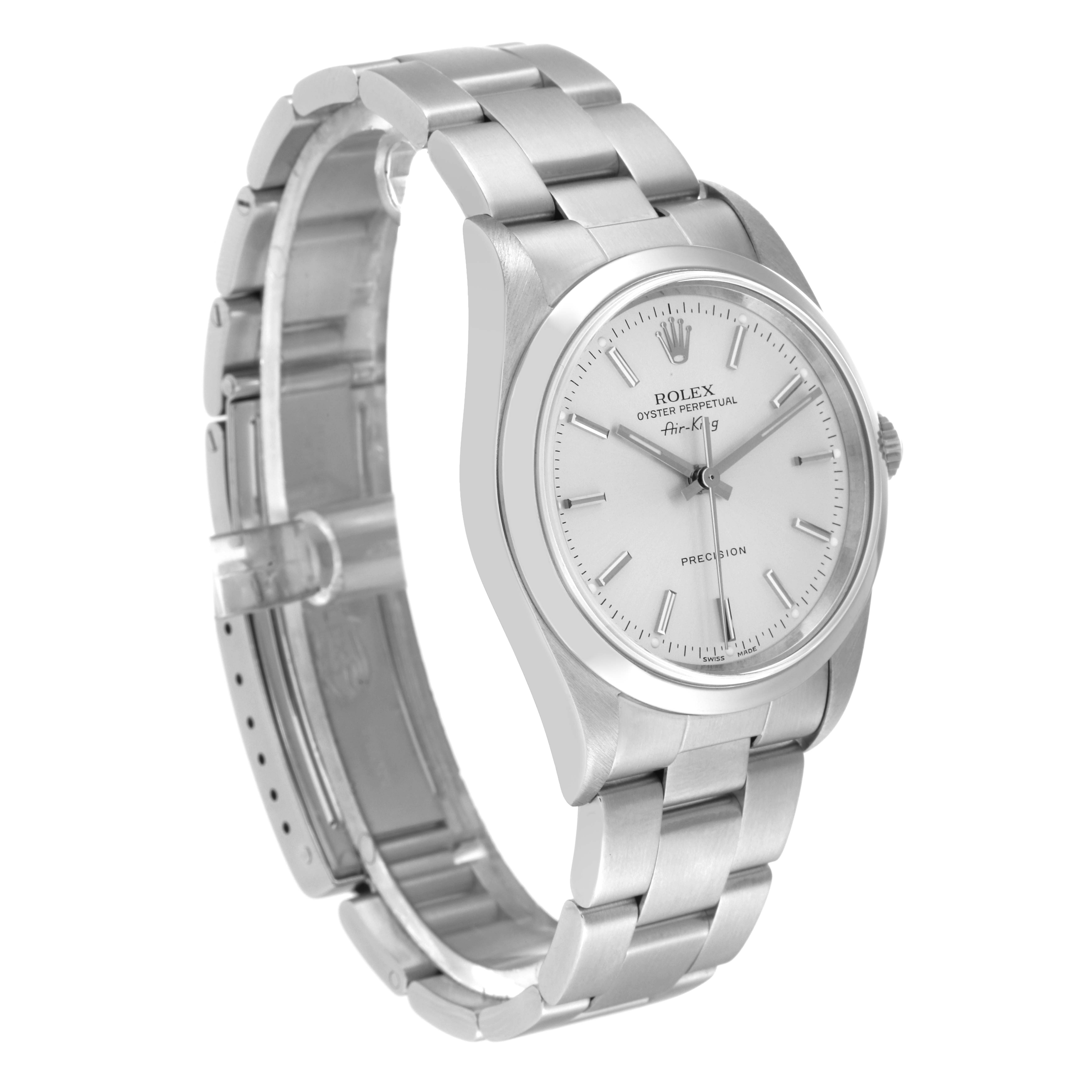 The image shows a side-angle view of a Rolex Air-King 14000 Men's Stainless Steel Silver Dial 14000 Men's Stainless Steel Silver Dial watch, highlighting its case, bracelet, and face.
