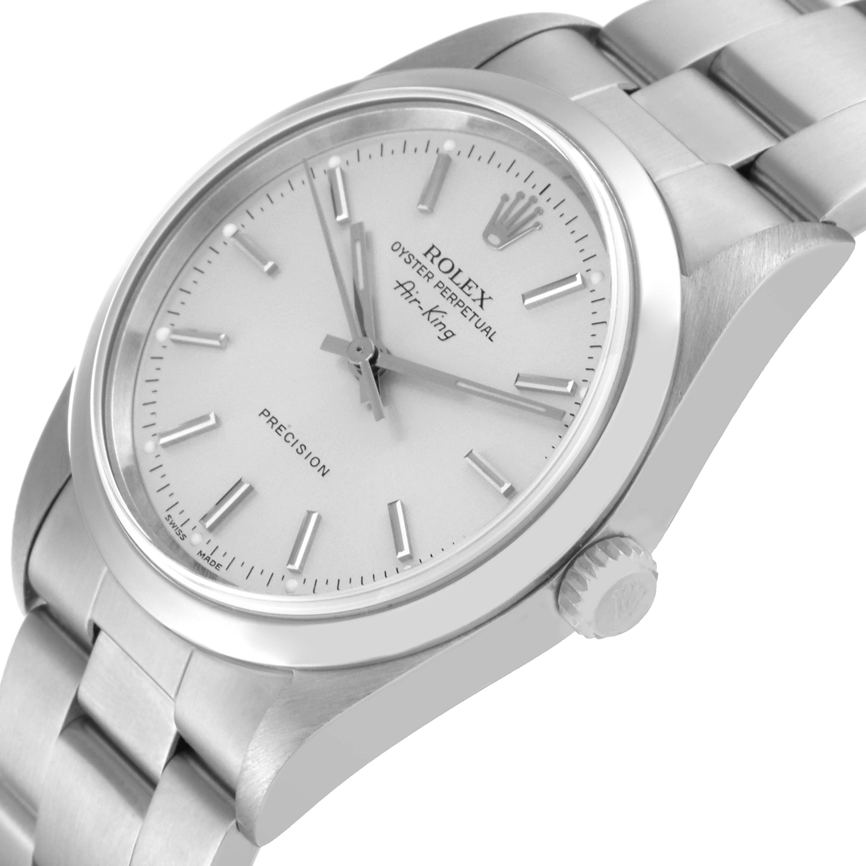 The image shows an angled view of a Rolex Air-King 14000 Men's Stainless Steel Silver Dial 14000 Men's Stainless Steel Silver Dial watch, focusing on the face, bezel, and part of the bracelet.