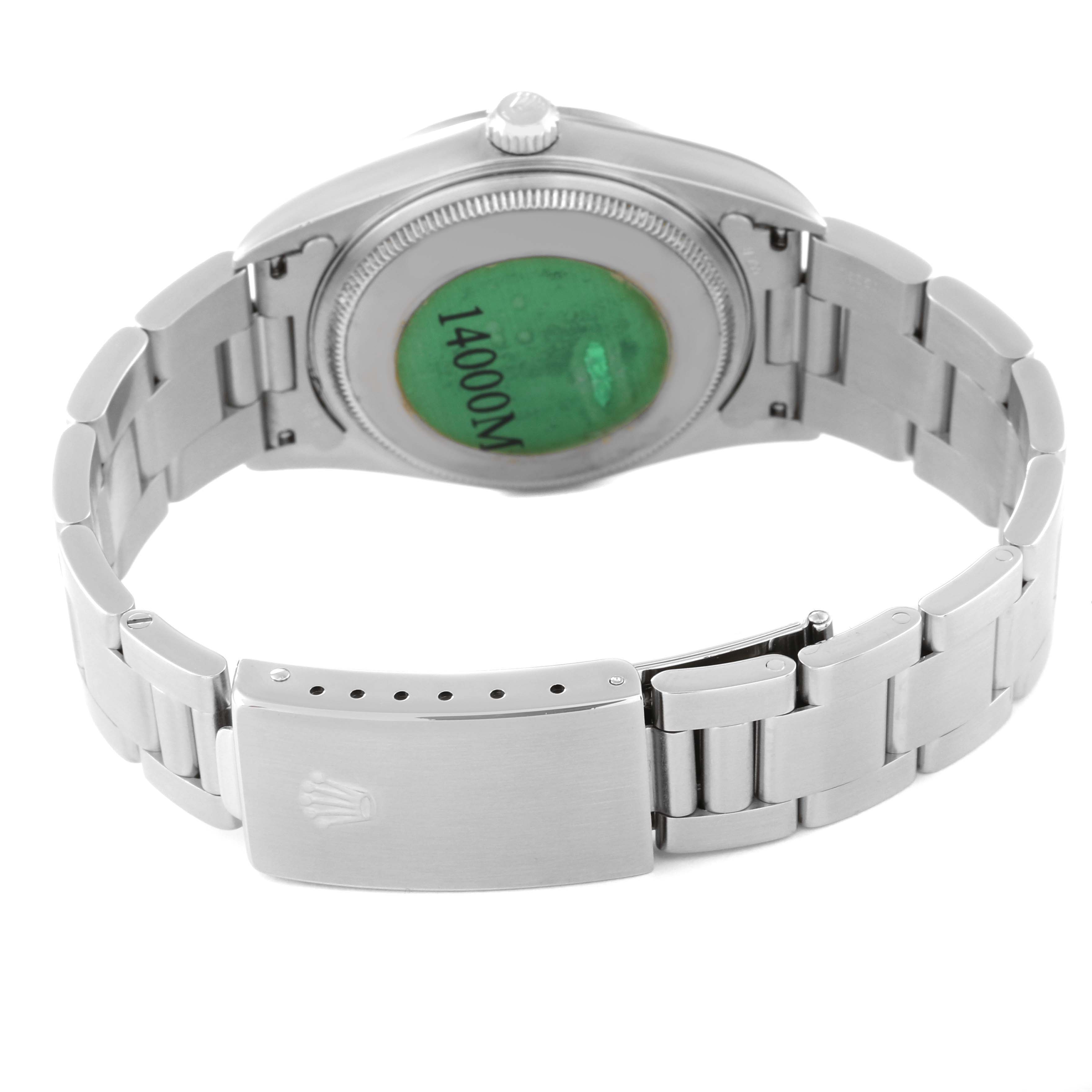 The image shows the back side and bracelet of a Rolex Air-King 14000 Men's Stainless Steel Silver Dial 14000 Men's Stainless Steel Silver Dial watch, focusing on the case back and clasp.