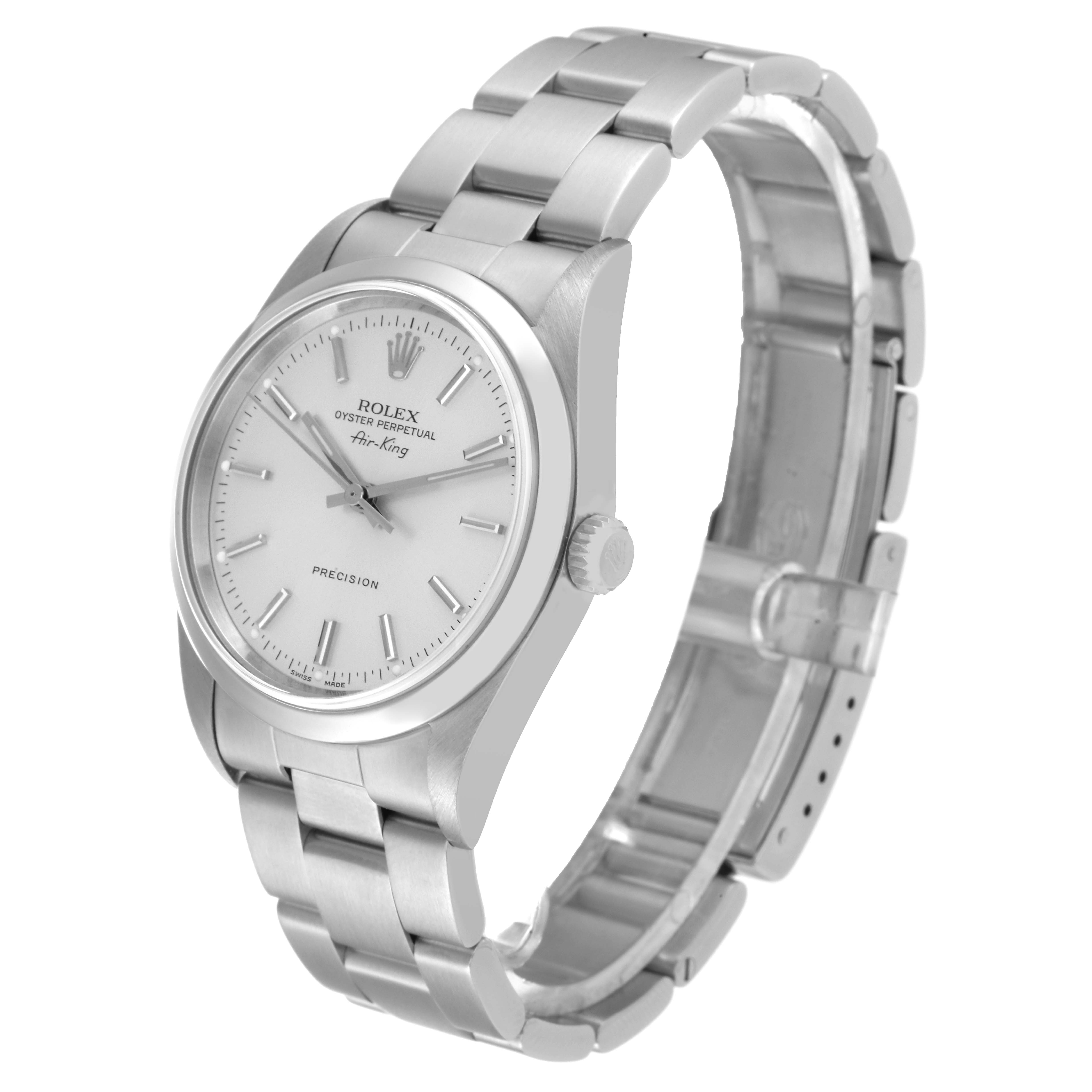 The image shows a Rolex Air-King 14000 Men's Stainless Steel Silver Dial 14000 Men's Stainless Steel Silver Dial watch from a slight angle, highlighting the face, bezel, crown, and metal bracelet.