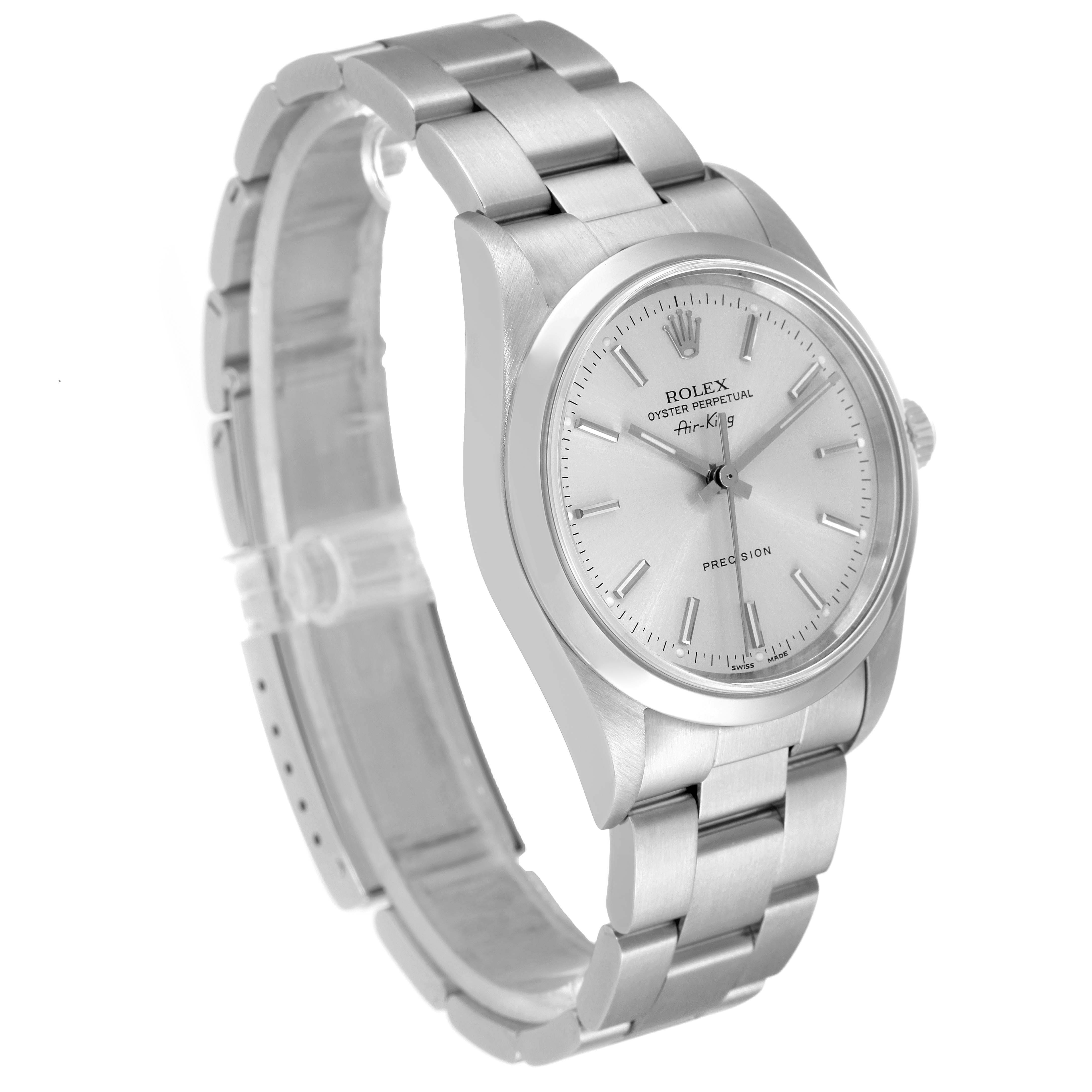 The image shows a Rolex Air-King 14000 Men's Stainless Steel Silver Dial 14000 Men's Stainless Steel Silver Dial watch at a slight angle, highlighting its face, bezel, crown, and stainless steel bracelet.