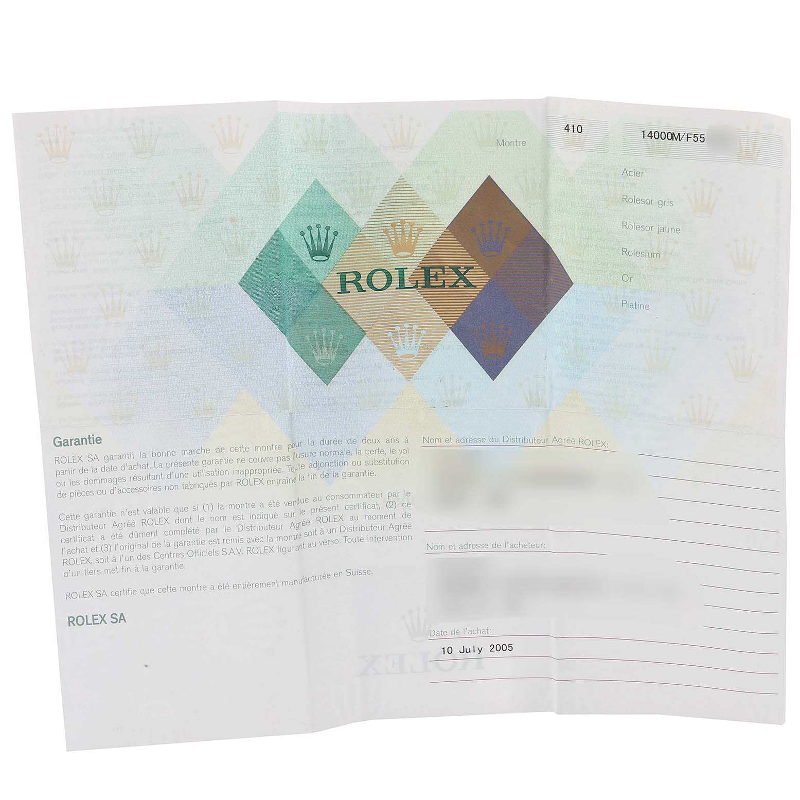 The image shows a warranty document for the Rolex Air-King 14000 Men's Stainless Steel Silver Dial 14000 Men's Stainless Steel Silver Dial model, including purchase details and decorative branding elements.