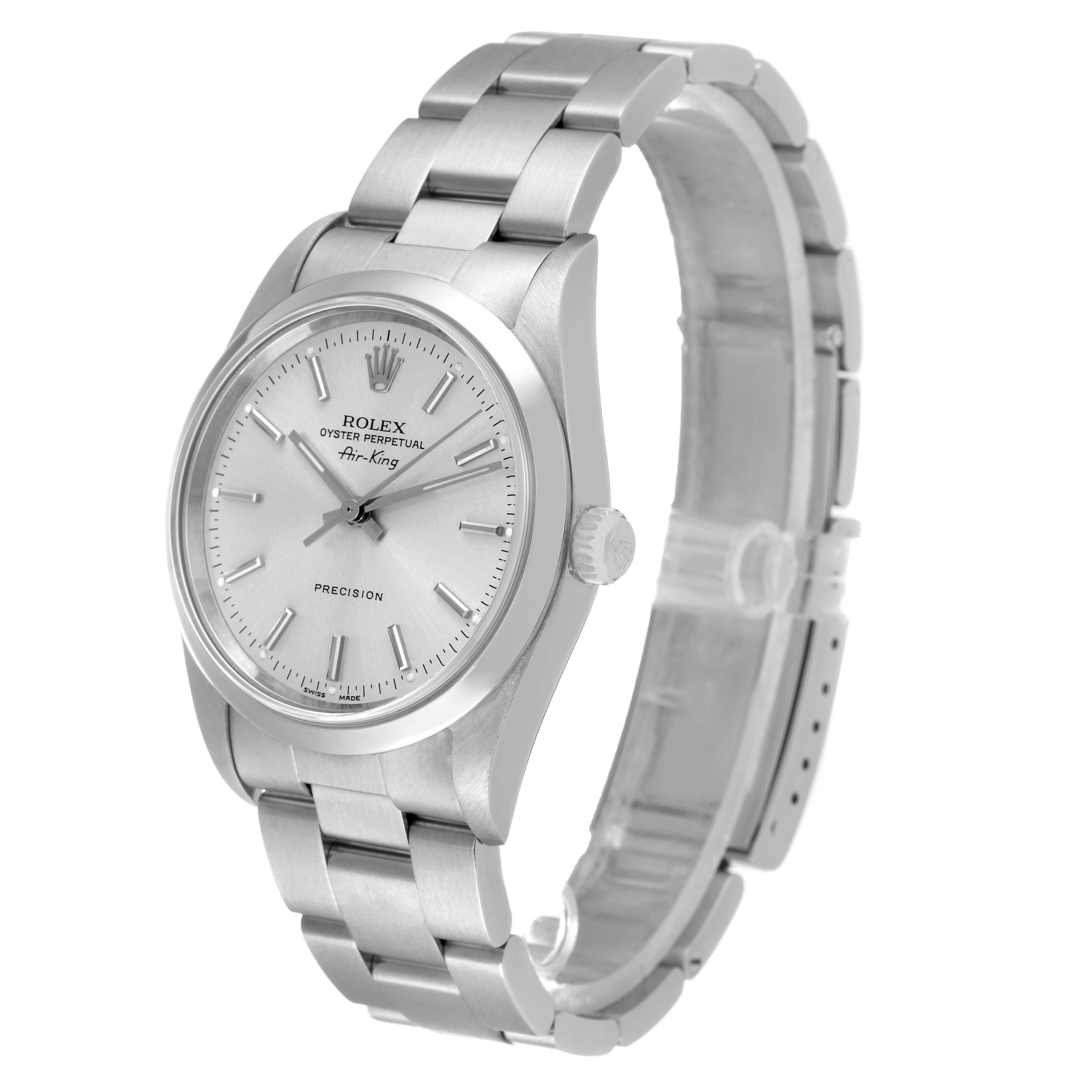 The Rolex Air-King 14000 Men's Stainless Steel Silver Dial 14000 Men's Stainless Steel Silver Dial watch is shown at a slight angle, highlighting the face, crown, and bracelet.