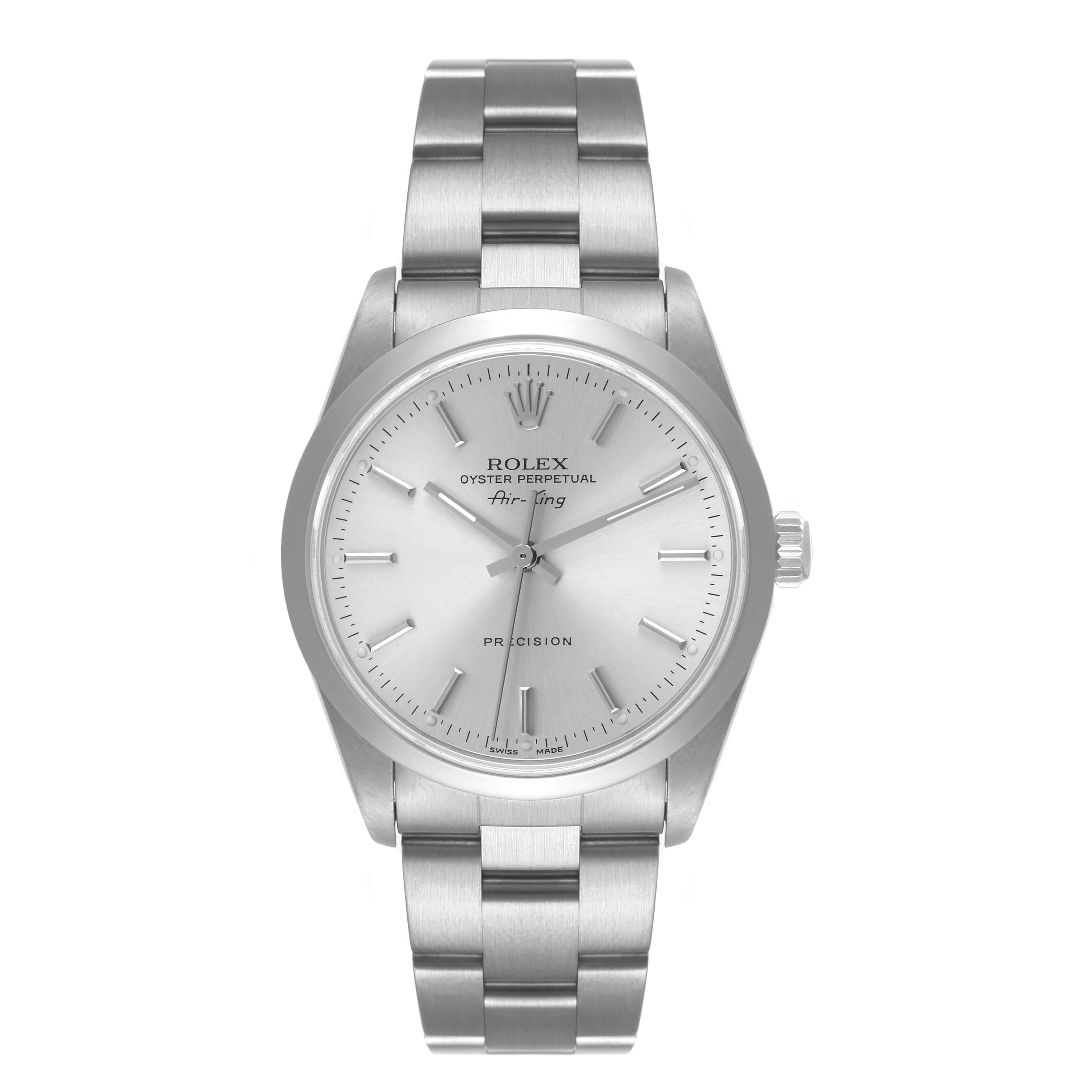 The image shows a front view of a Rolex Air-King 14000 Men's Stainless Steel Silver Dial 14000 Men's Stainless Steel Silver Dial watch, detailing the face, hands, and bracelet.