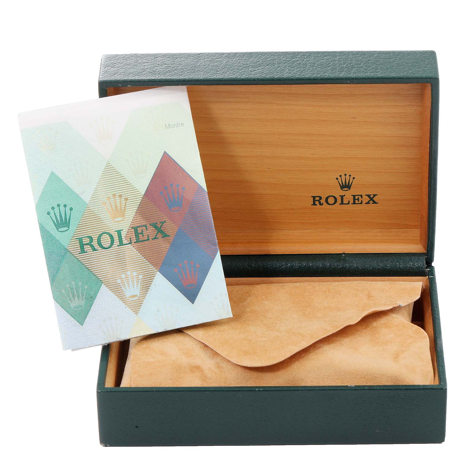 The image shows an open Rolex Air-King 14000 Men's Stainless Steel Silver Dial 14000 Men's Stainless Steel Silver Dial watch box, including a Rolex booklet and a protective cushion inside.