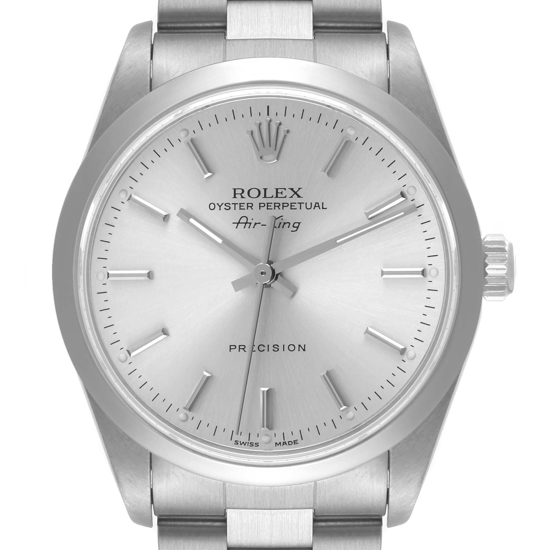 The image shows a front view of the Rolex Air-King 14000 Men's Stainless Steel Silver Dial 14000 Men's Stainless Steel Silver Dial watch, highlighting its dial, markers, and stainless steel bracelet.