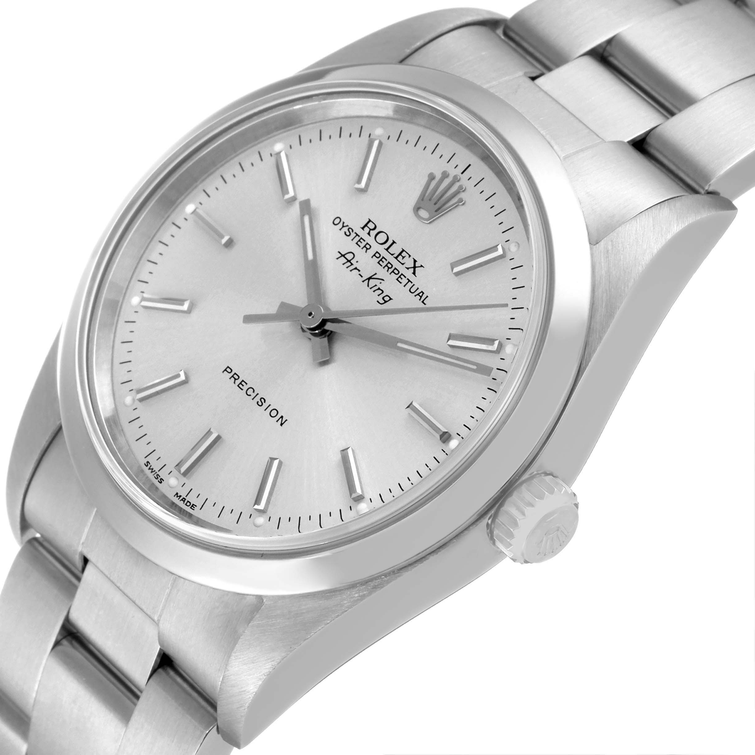 The image displays a Rolex Air-King 14000 Men's Stainless Steel Silver Dial 14000 Men's Stainless Steel Silver Dial watch at an angled view, showing its face, bezel, and part of its metal bracelet.