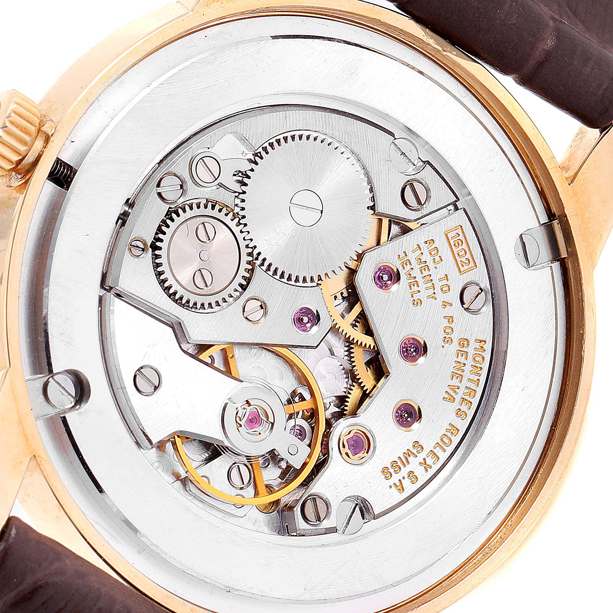 This image shows the back view of a Rolex Cellini 5116 Men's Yellow Gold Mother of Pearl Dial 5116 Men's Yellow Gold Mother of Pearl Dial, revealing its intricate mechanical movement.